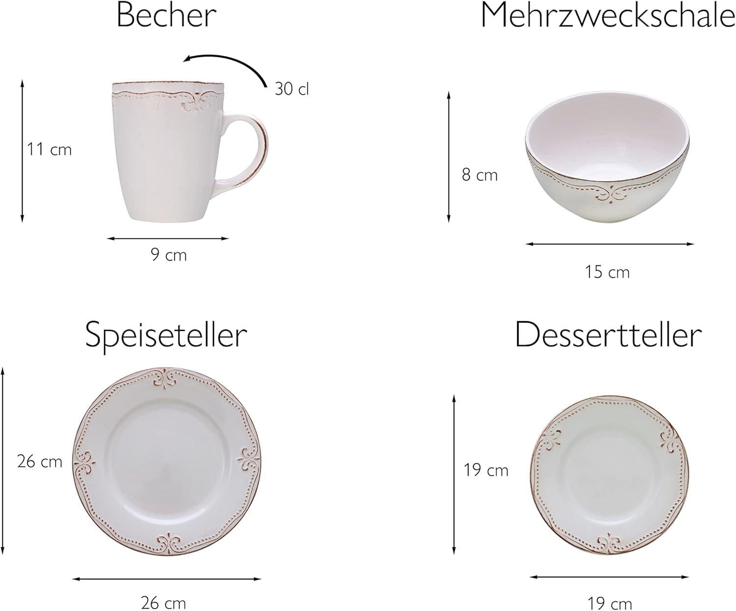 CreaTable, 23601, Serie Romantic Vintage, 16-teiliges Tafelservice für 4 Personen, Kombiservice aus Porzellan, spülmaschinen- und mikrowellengeeignet, hochwertige Herstellung