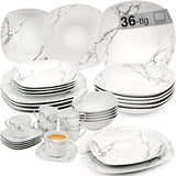 SANGER | Bilgola Marmor-Geschirr-Set, 36-teilig, für 6 Personen, mit Speisetellern, Desserttellern, Suma-Tellern, Müslischalen, Kaffeetellern und Porzellan-Untertassen, quadratisch | DIE PREMIUM-KOLLEKTION