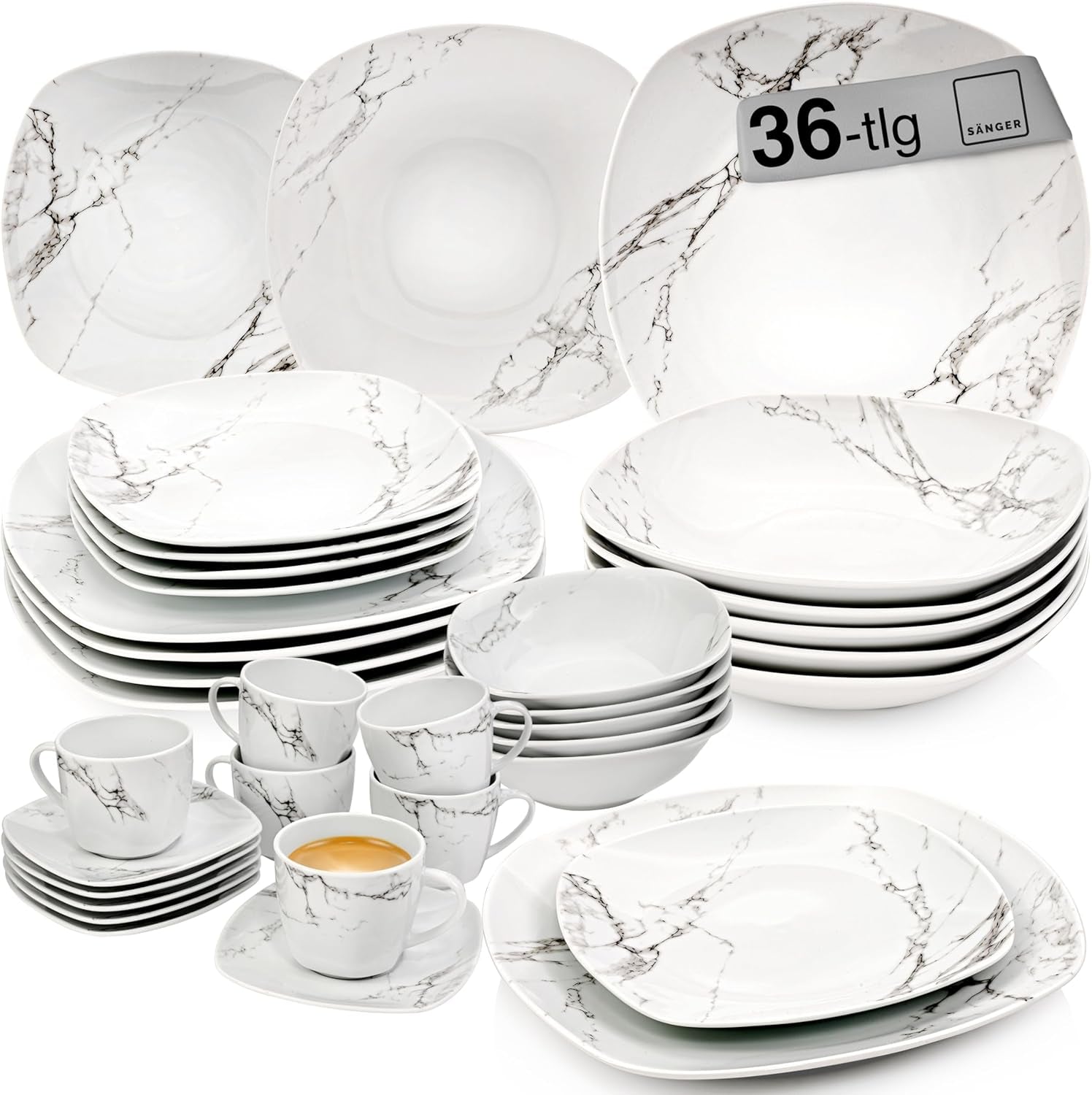 SANGER | Bilgola Marmor-Geschirr-Set, 36-teilig, für 6 Personen, mit Speisetellern, Desserttellern, Suma-Tellern, Müslischalen, Kaffeetellern und Porzellan-Untertassen, quadratisch | DIE PREMIUM-KOLLEKTION