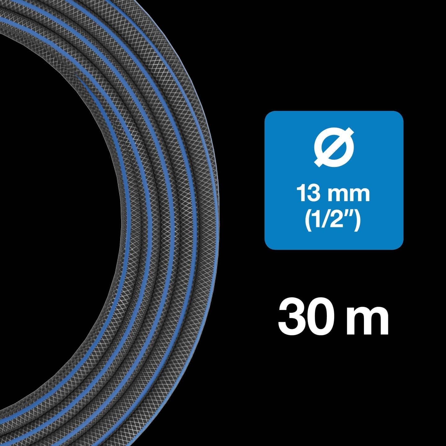 Fiskars L Wasserschlauch, UV-Schutz, druckgeprüft, Torsionssteifigkeit Level 4 (von 5), 30 m, Ø 1,3 cm (1/2"), 4,2 kg, Schwarz/Orange/Blau, 1027105
