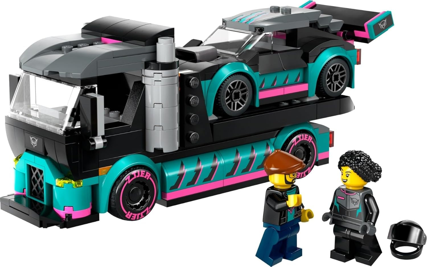 LEGO City Autotransporter mit Rennwagen, Spielzeug-LKW mit verstellbarer Laderampe und Rennwagen, Bauset mit 2 Minifiguren, Rennfahrer und LKW-Fahrer, für Kinder ab 6 Jahren 60406 Bausets Besuchen Sie den LEGO-Store