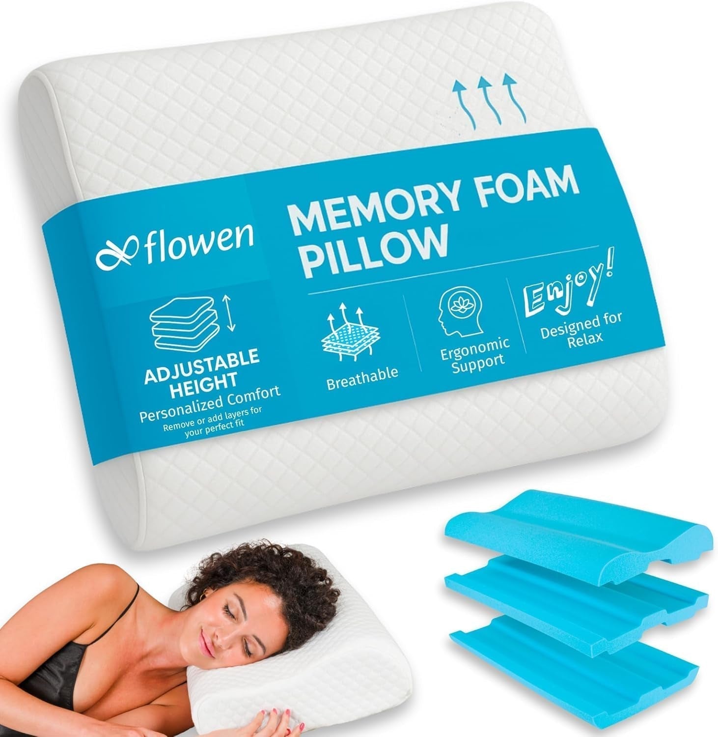 Nackenstütze, höhenverstellbares Memory-Schaum-Kissen, orthopädisches und ergonomisches Bettkissen, Kissen zur Linderung von Nackenschmerzen, Nackenstütze und Anti-Schnarchen, waschbares Polyes. Naty Shop Weicher orthopädischer Nackenkissenbezug – 55 x 35 x 13/11 cm