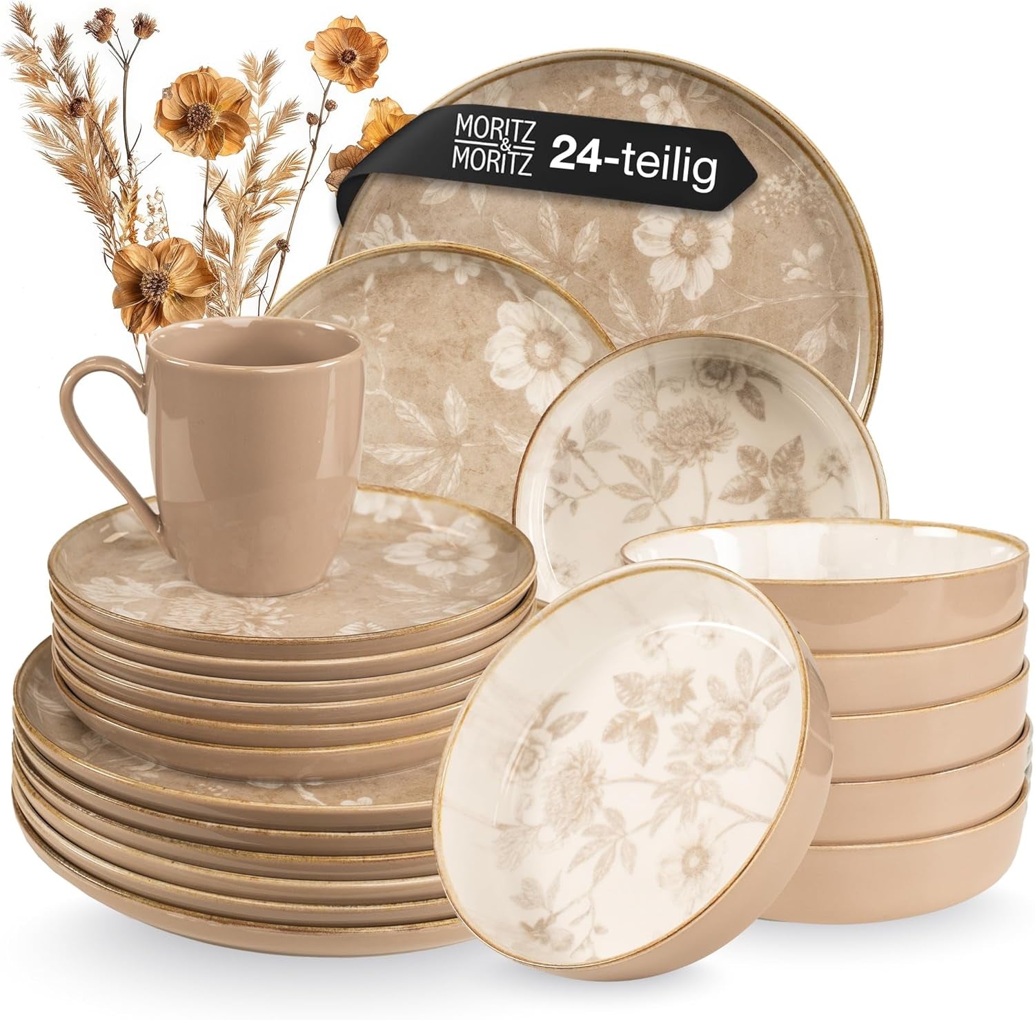 Moritz & Moritz MARIELLA 24-teiliges Steingut-Geschirrset für 6 Personen – Modernes beigefarbenes Geschirr mit verspieltem Design, pflegeleichtes Kaffeeservice mit Tellern, Schüsseln und Tassen – Kombinationsset