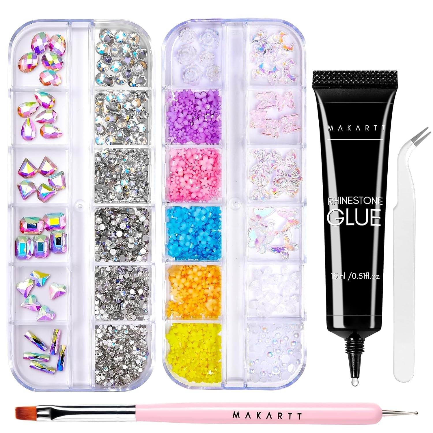 Makartt Strass-Klebegel – 15 ml UV-Nagelkleber-Set mit rosa Nagel-Charms, Herz-Kreis-Nagelschmuck und Nageldesign-Zubehör für Heim-Maniküre, Valentinstagsgeschenk