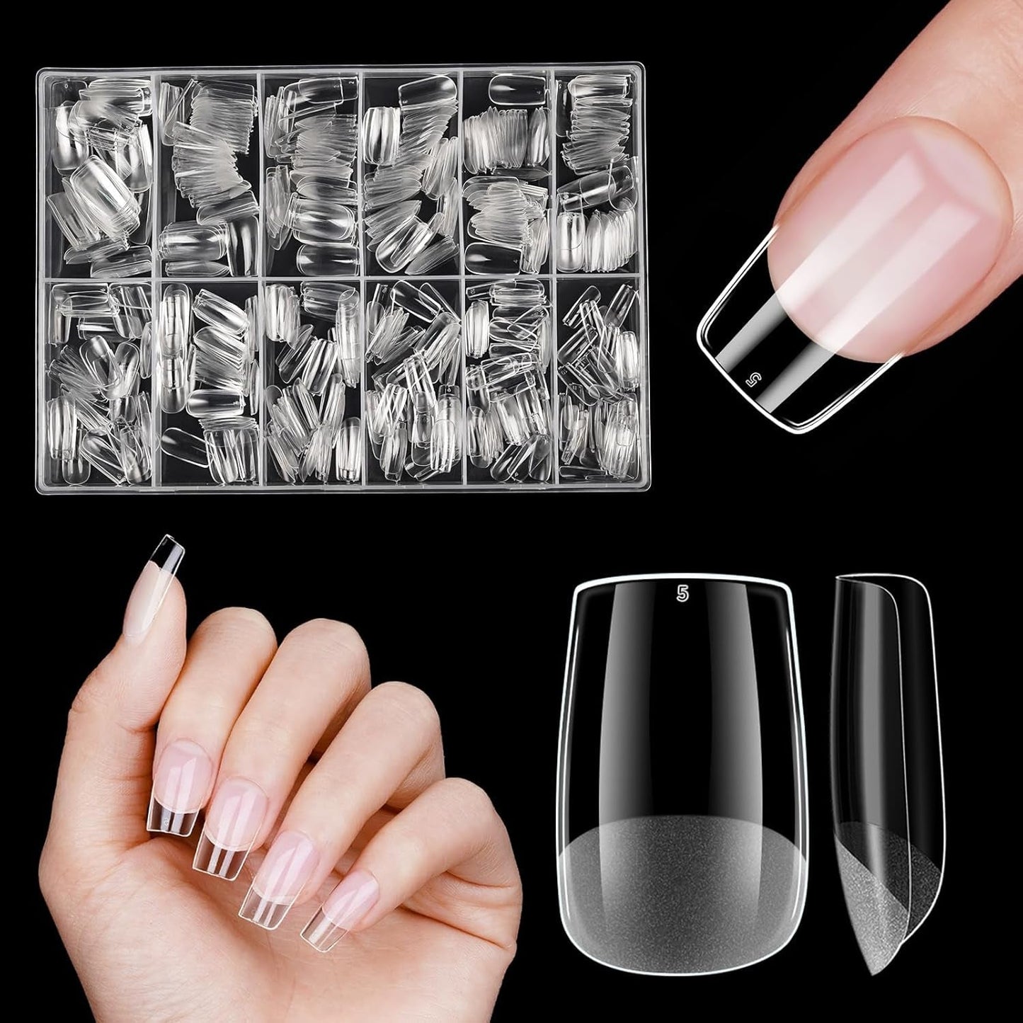 Kurze künstliche Nägel, 500 Stück, weiche Gel-Nagelspitzen mit vollständiger Abdeckung für Gelnägel, 12 Größen, vorpolierte Nagelspitzen für Gelnägel, kurze künstliche Nägel, Sargnagelverlängerungen mit Box