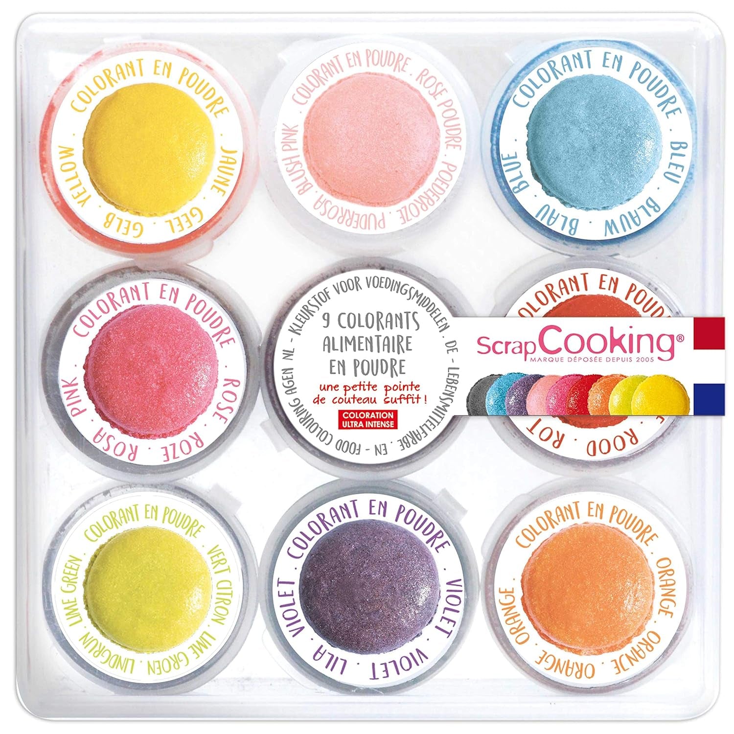 Scrapcooking – Set mit 9 pulverförmigen Lebensmittelfarben – Blau, Gelb, Rosa, Lila, Orange, Limettengrün, Rot, Puderrosa, Schwarz – Essbares Farbpulver für Kuchen, Muffins, Macarons – 4270