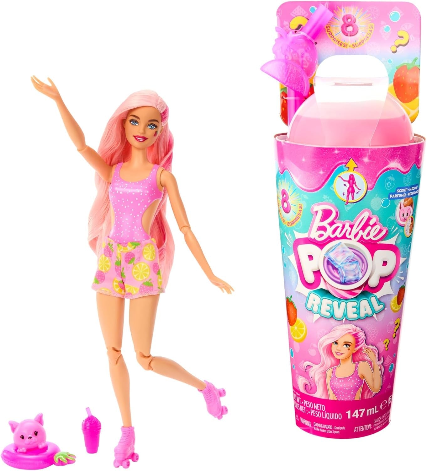 Barbie Pop Reveal Fruit – Überraschungspuppen mit 8 fruchtigen Überraschungen, darunter eine positionierbare, nach Erdbeerlimonade duftende Puppe und ein flauschiger Welpe, ab 3 Jahren, HNW41