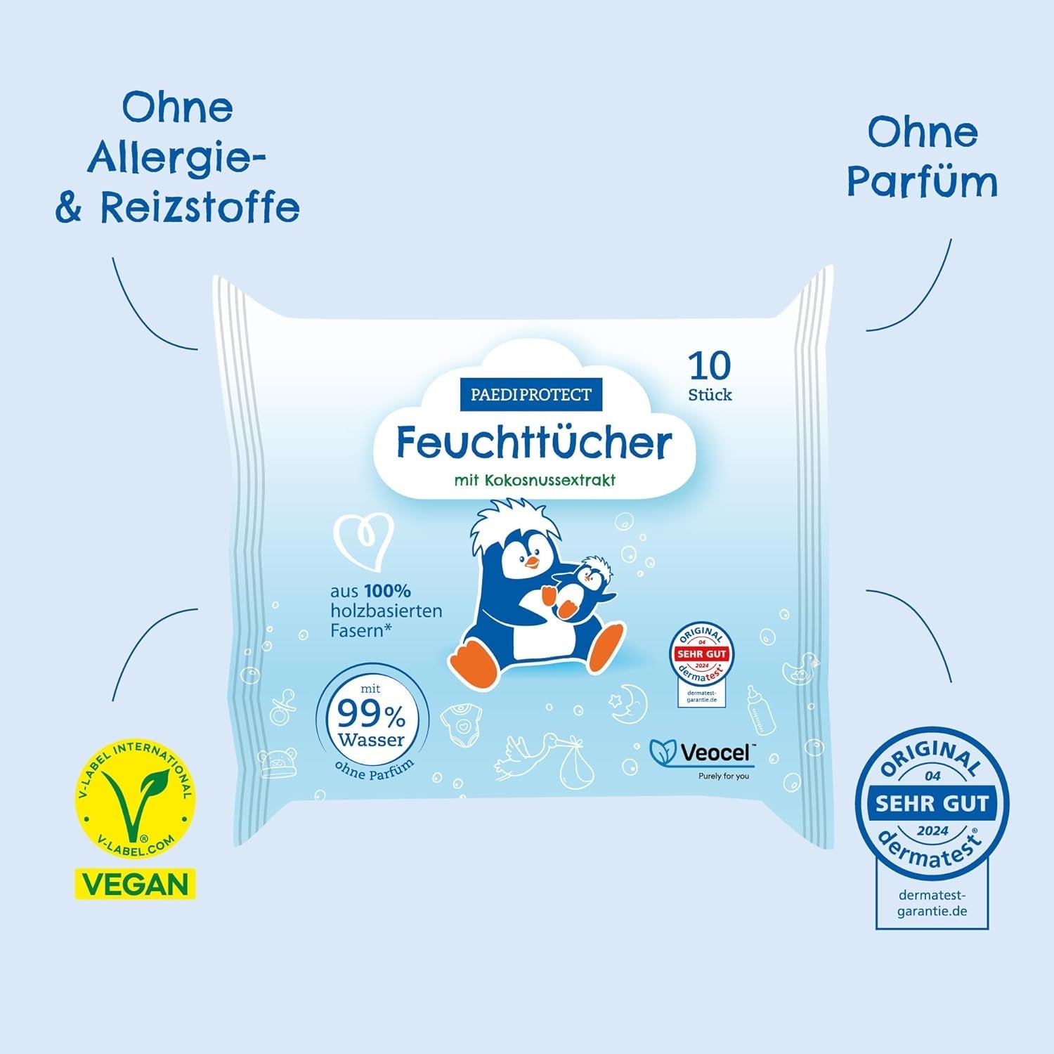PAEDIPROTECT Baby-Feuchttücher, 1 x 10 Stück, empfindliche Baby-Wasser-Feuchttücher, 99 % Wasser, frei von Duftstoffen, für Babys und Kinder, zarte Haut, ohne Kokosnussextrakt, ohne Mikroplastik, vegan (5er-Pack)