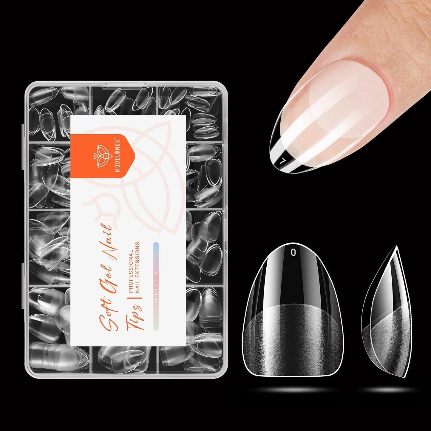 Modelones Nagelspitzen 216-teilig – Nagelspitzen-Set mit vollständiger Abdeckung, weiches Gel-Spitzen-Set, vorpolierende PMMA-Harz-Nagelspitzen, DIY-Kleber auf künstlichen Nägeln für Nagelkunst, kurze Mandeln XS