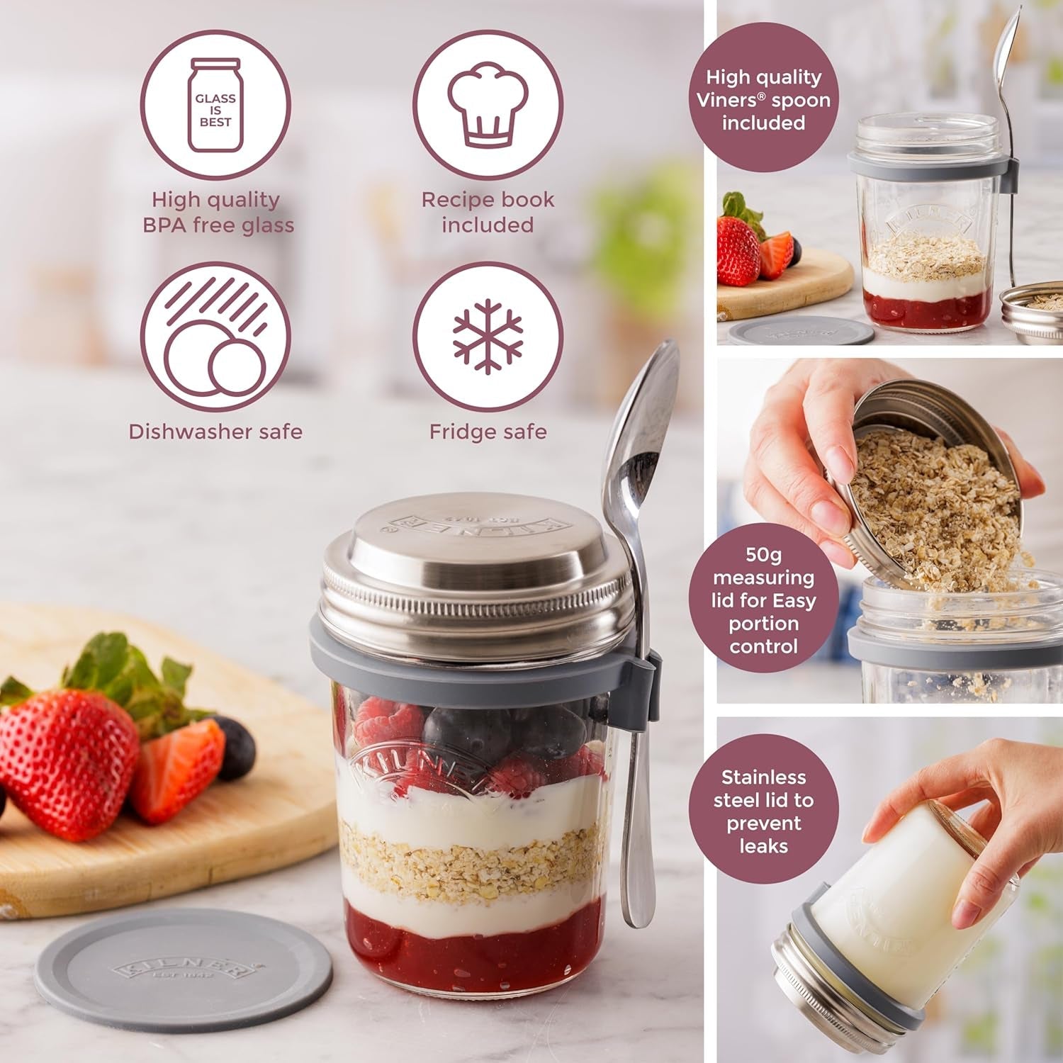 Kilner Frühstücksglas mit Löffel / 350 ml, Ø 9,5 cm / 5 Stück | Müslibecher zum Mitnehmen / ungiftig / Glasbehälter mit Deckel für Müsli, Porridge und Joghurt / Overnight-Oats-Behälter Naty Shop Lebensmittelaufbewahrungsboxen