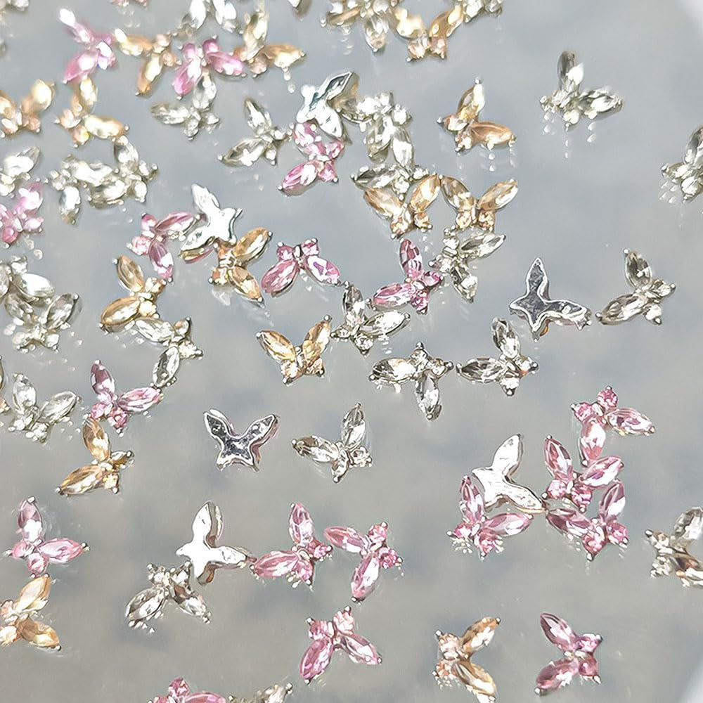 Mini Schmetterling Zirkon Nagel Schlüsselanhänger Y2K Weiß Champagner Rosa Strass Kristall Schmetterling Schlüsselanhänger Nägel 3D Schmetterling Nageldesign Schlüsselanhänger Schmetterling Nägel Dekoration Nail Art Schlüsselanhänger Nagelzubehör