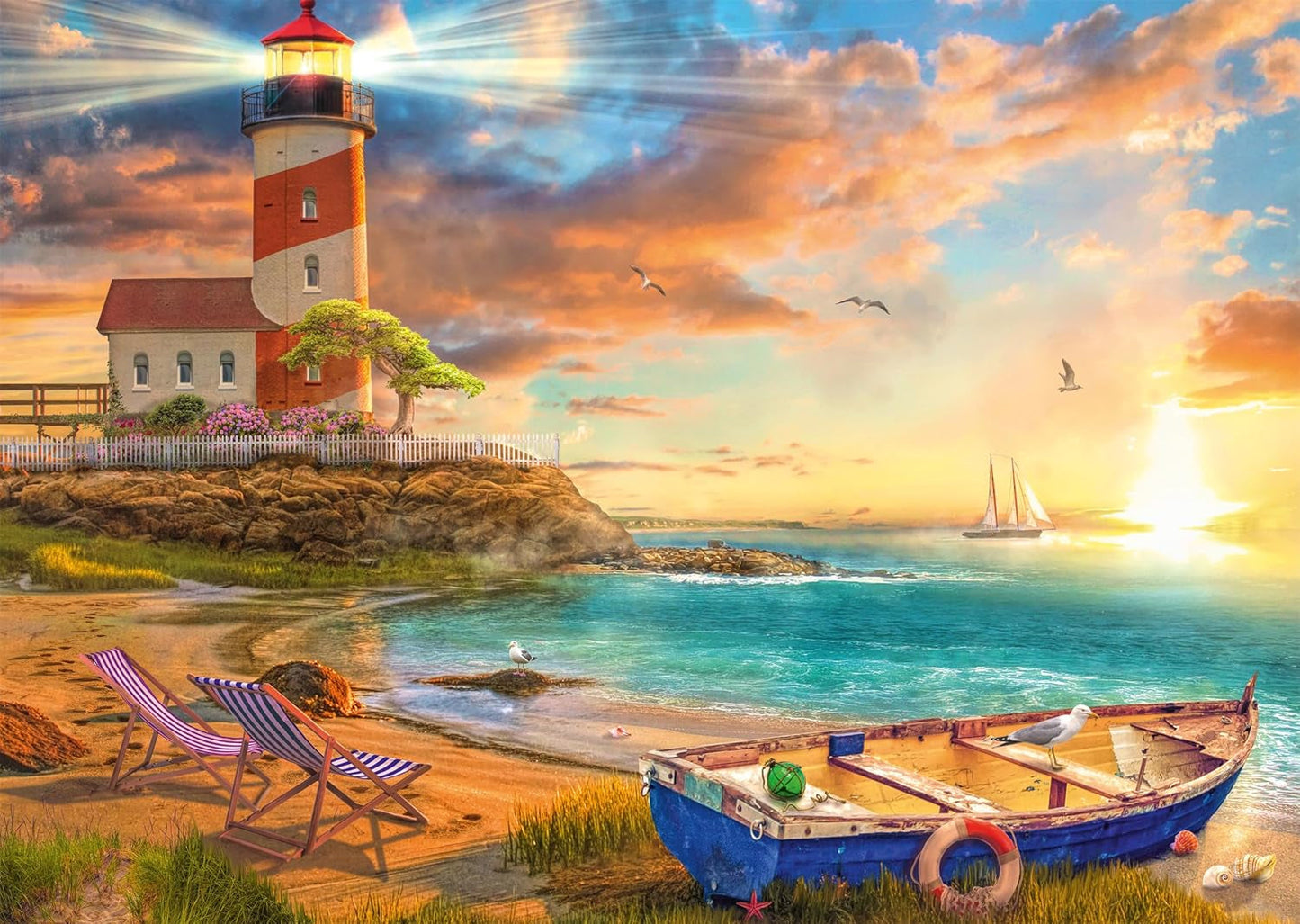 Schmidt Spiele 59765 Sonnenuntergang in der Leuchtturmbucht, Puzzle 1000 Teile, bunt Puzzle Naty Shop