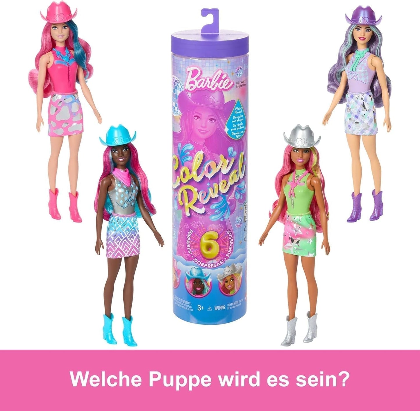 Barbie Color Reveal Modepuppe und Zubehör mit 6 Überraschungen, Disco Star-Serie mit metallischem Glitzer und farbwechselndem Oberteil (Stile können variieren), JCP01 Naty Shop-Puppen