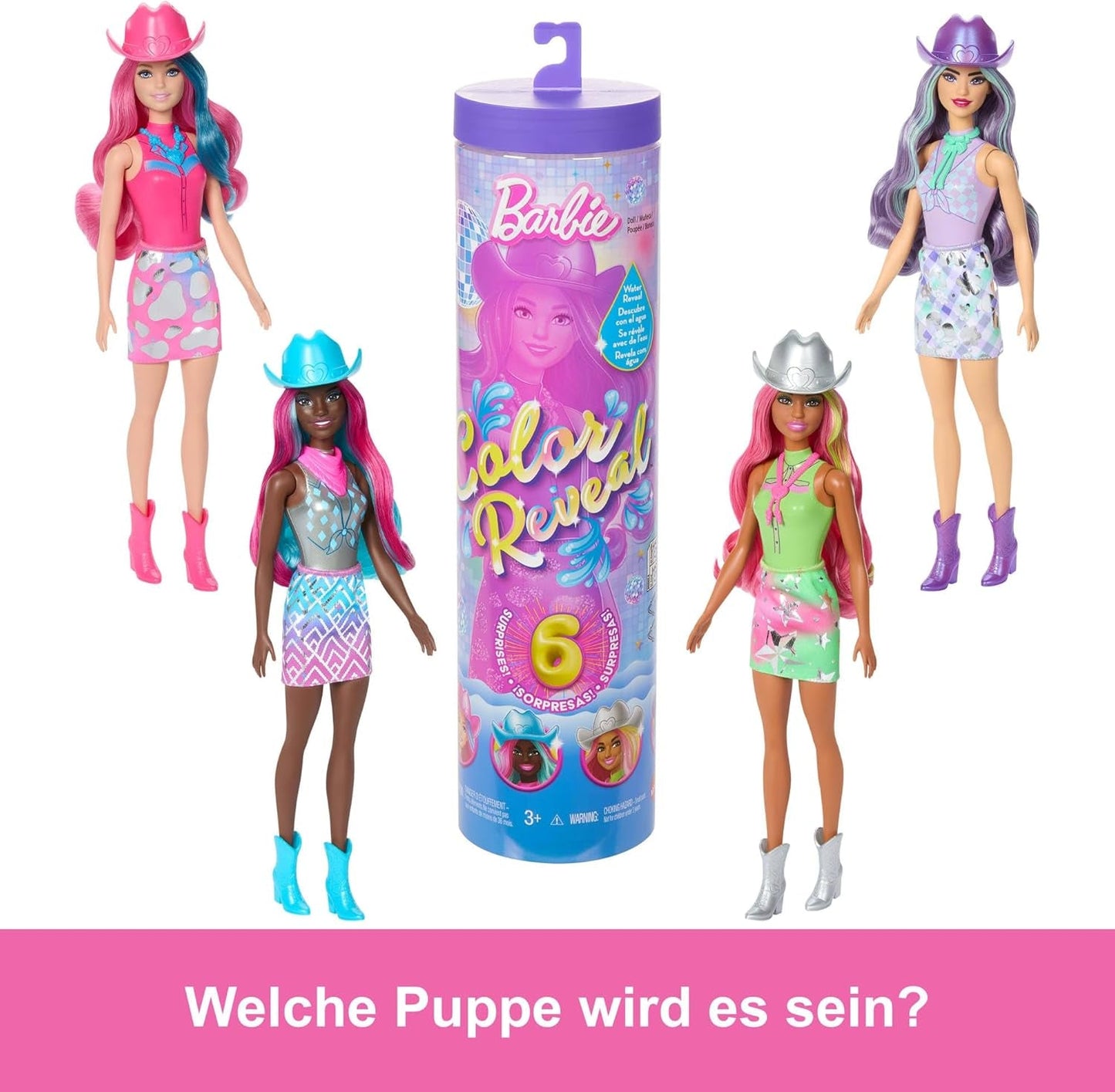 Barbie Color Reveal Puppe und Zubehör mit 6 Überraschungen, Disco Star-Serie mit metallischem Glitzer und farbwechselndem Oberteil (Stile können variieren), JCP01, 32 cm