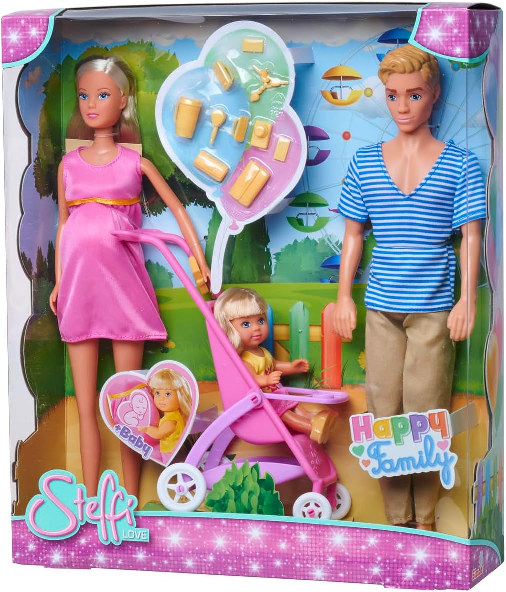 Simba 105733673 - Steffi Love Happy Family, Schwangere Puppe, Kevin, Evi und Baby mit Kinderwagen, 11 Teile, Zubehör, 30 cm, ab 3 Jahren