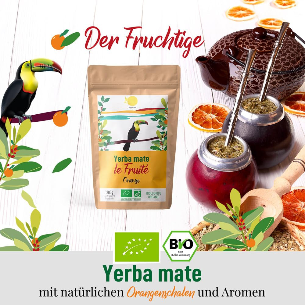 ORIGEENS BIO YERBA MATE mit Orangen 200 G – Fruchtiger Tee I Ungerösteter Bio-Yerba Mate-Tee, ohne Stiele und Staub I Energetisierendes und entgiftendes Getränk