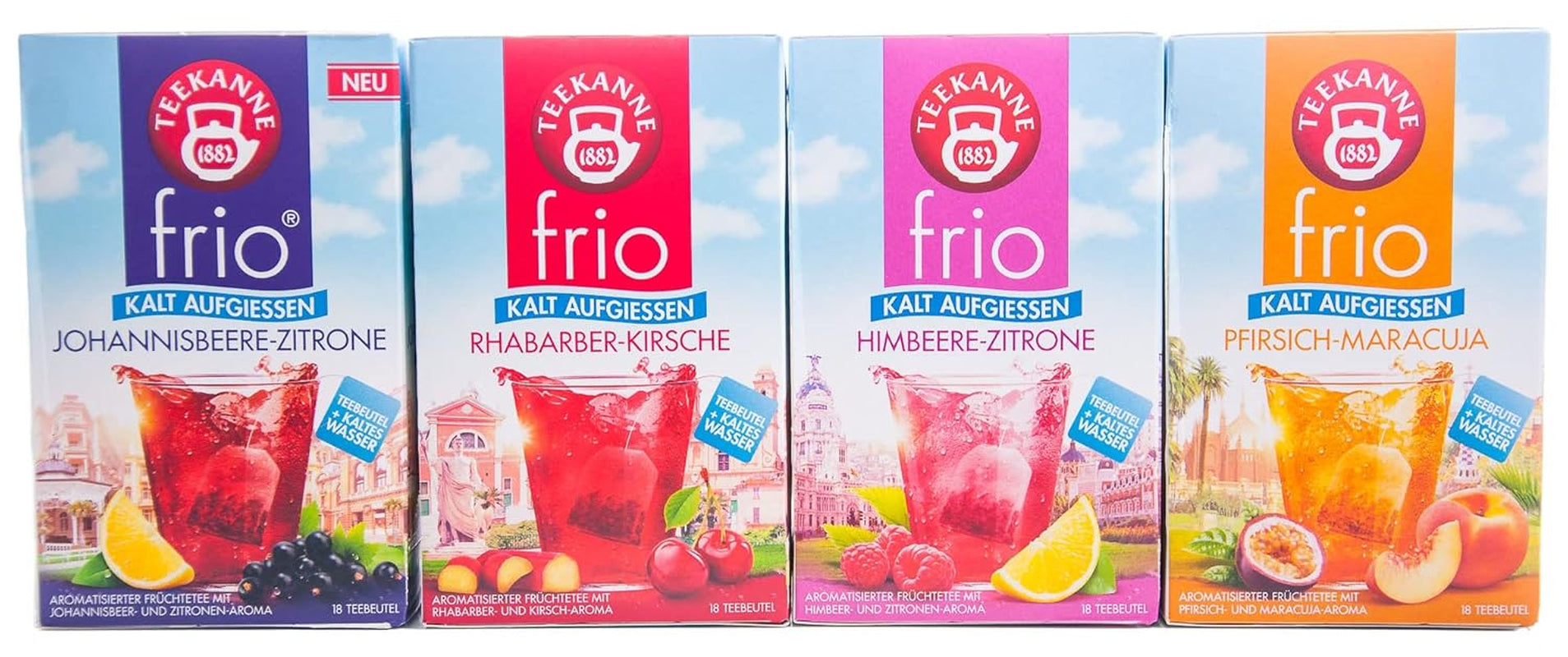 Teekanne Frio 4er Pack, Kirsche Rhabarber, Zitrone Johannisbeere, Zitrone Himbeere, Passionsfrucht Pfirsich (4 x 45 g)