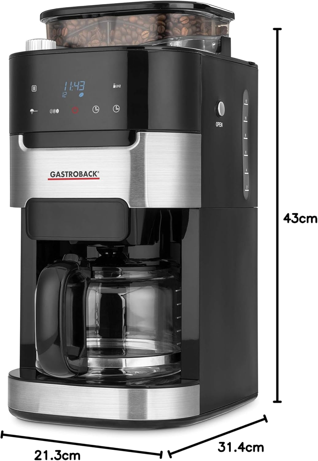 GASTROBACK 42711 Grind & Brew Pro Kaffee-Espressomaschine, Kaffee-Espressomaschine mit integriertem Filter und Mahlwerk, Kegelmahlwerk mit 8 Mahleinstellungen, LCD-Touchscreen, Kunststoff