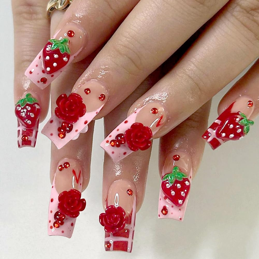 100 Stück 3D Nail Charms Rosa Rot Kirsche Erdbeere Blume Nagel Charms Kamelie Rose Schmetterling Nail Art Charms Flatback Herz Schleife Charms Nägel Zubehör Mond Stern Nagelschmuck Nageldesign Anhänger