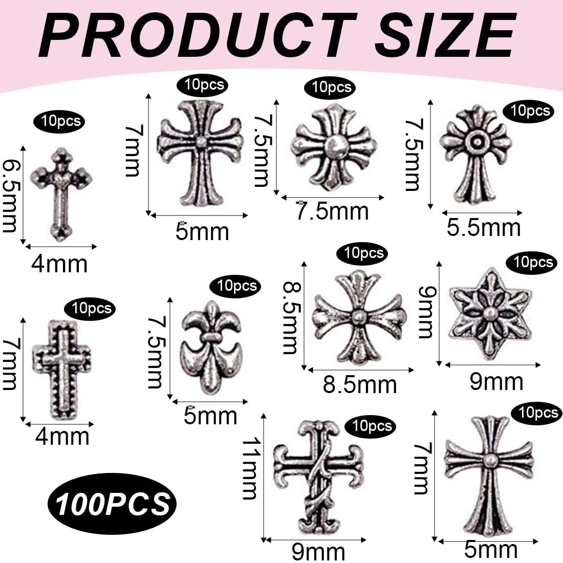 100 Stück 3D-Kreuznagel-Schlüsselanhänger, Kreuznagel-Schlüsselanhänger, Chrom-Nagel-Schlüsselanhänger, Vintage-Nagelzubehör, DIY-Nageldekorationen, für Frauen und Mädchen, DIY-Nageldekorationen