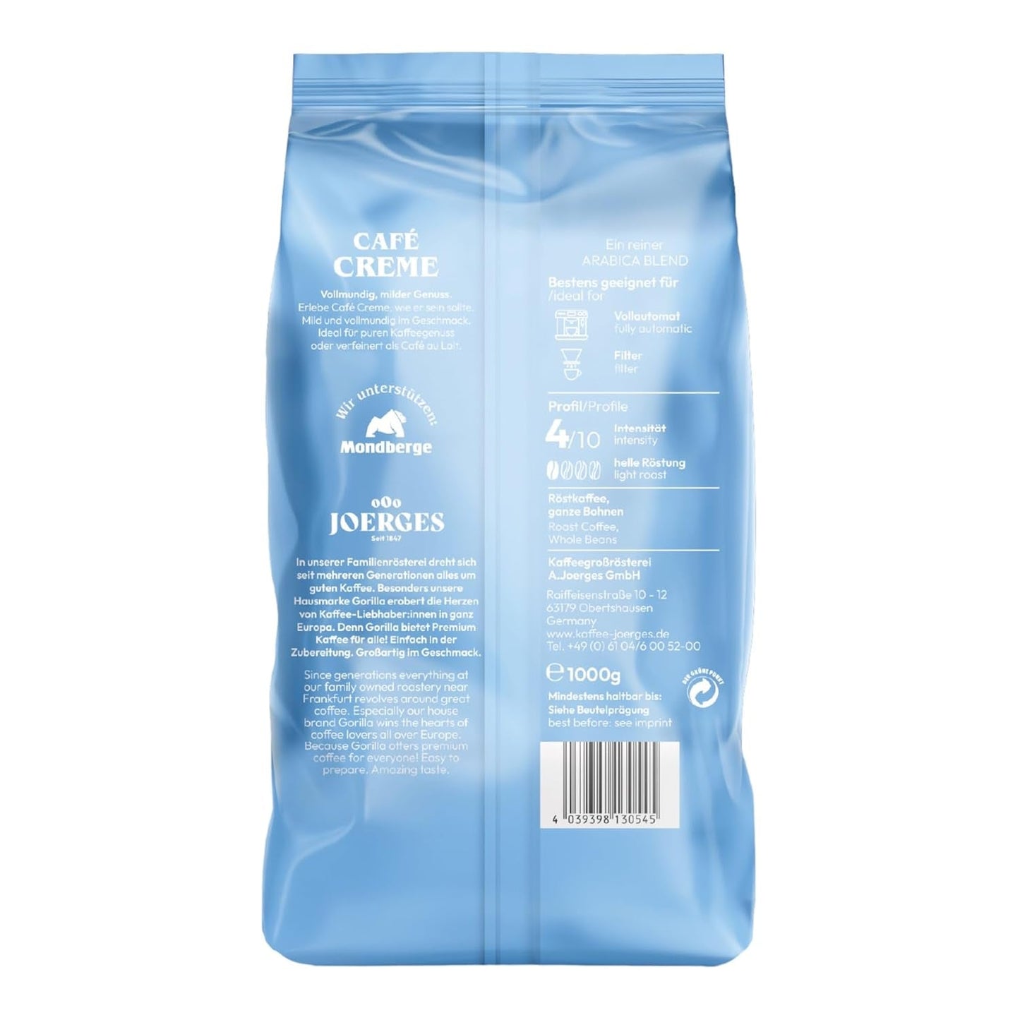 Gorilla Café Creme 6x 1000g | 100 % traditionelle Arabica-Bohnen | Ideales vollautomatisches Crema mit harmonischem Aroma | Geriger Koffeingehalt helle Röstung | Vorratspackung