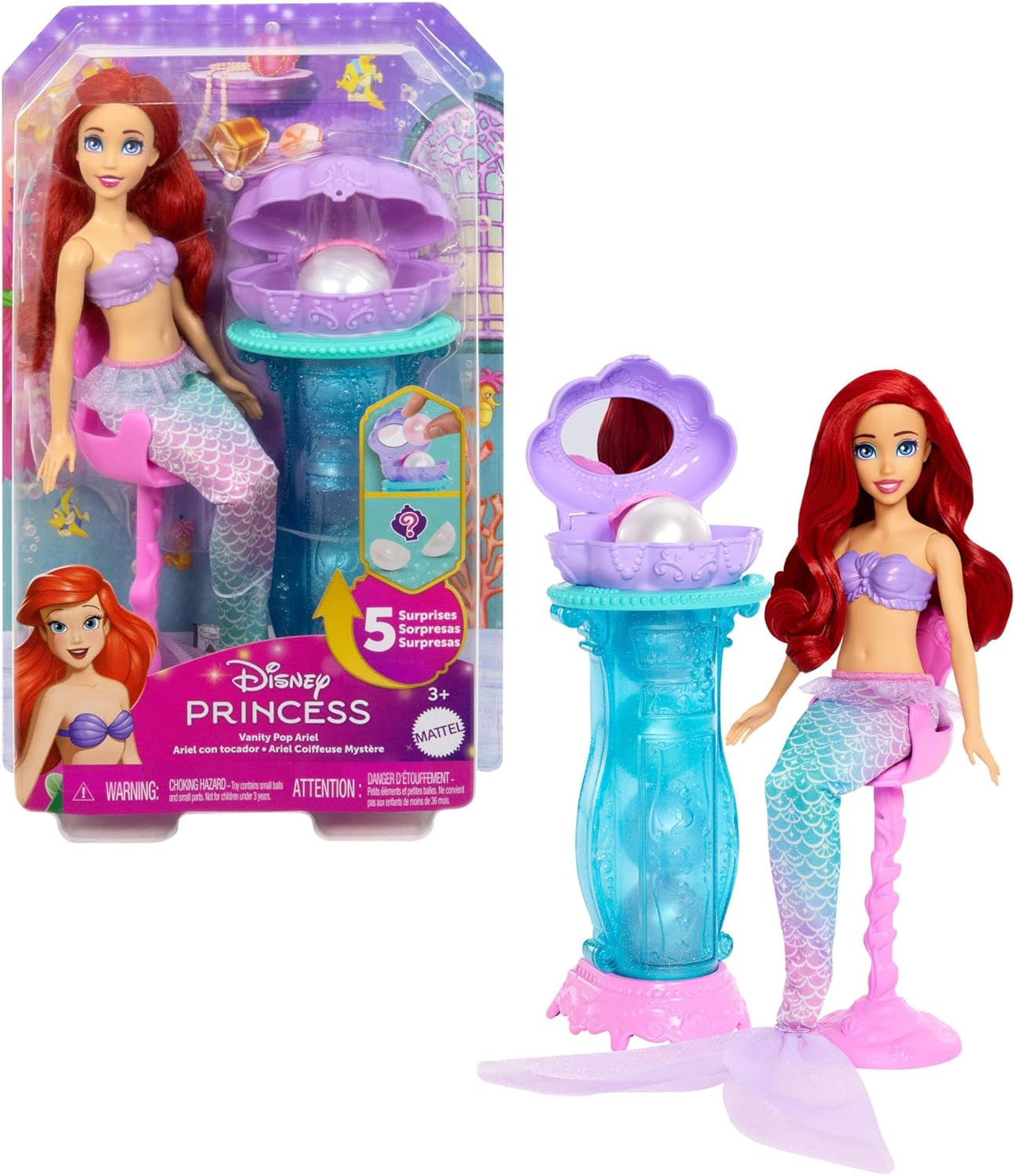 Mattel Disney Princess Toys, Make-up-Muschel-Meerjungfrau Arielle, Modepuppe mit abnehmbarem Schwanz, Schminktisch mit 5 wiederholbaren Pop-Up-Überraschungen und 5 Zubehörteilen, JBF86 Dolls Naty Shop-Set Ariel