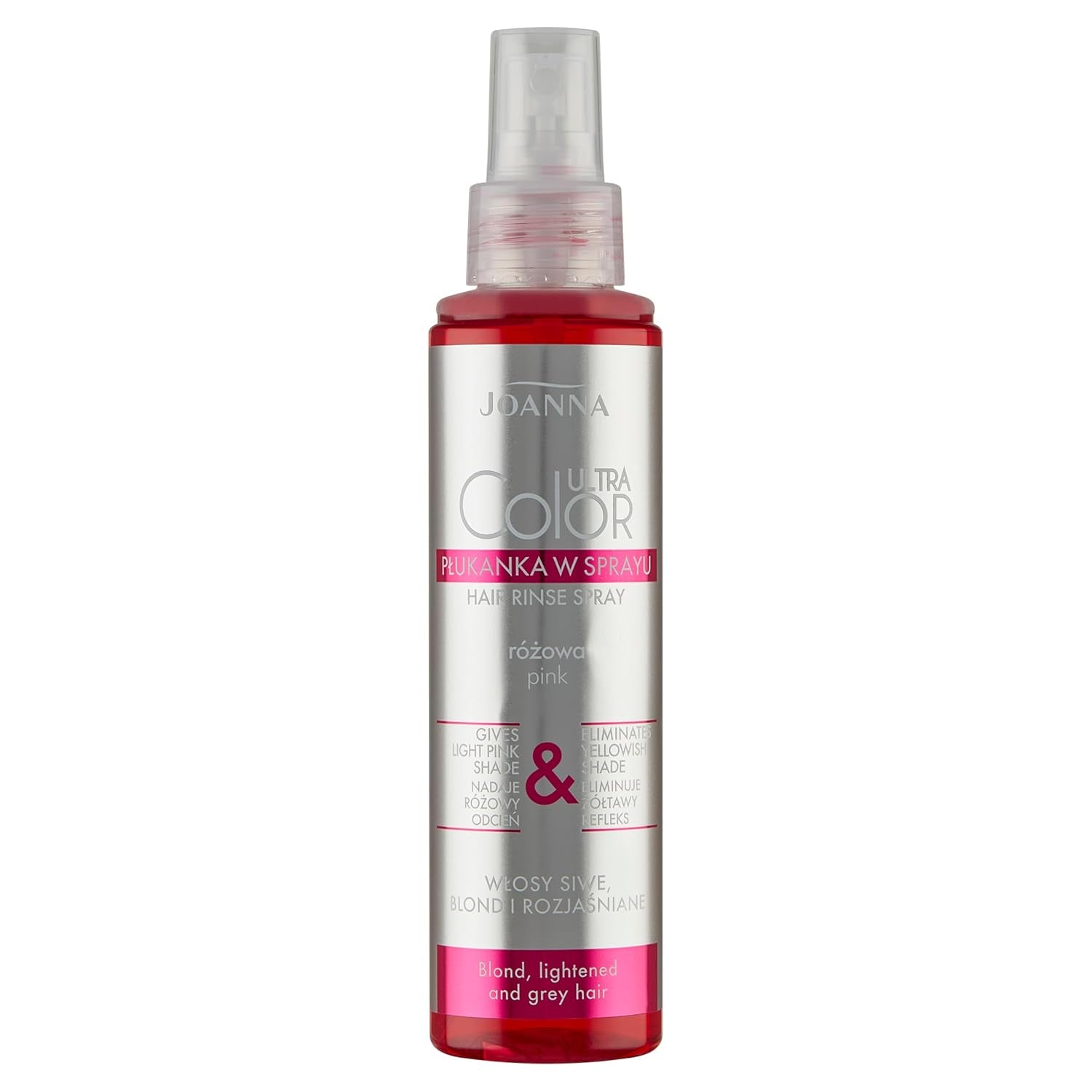 Joanna Ultra Color – Rosa Farbspülung für blondes und helles Haar – Pastellrosa – Natürlicher Glanz – Entfernt den Gelbstich aus graublondem Haar – Temporäre Wirkung – 150 ml Naty Shop Spray-Haarfärbemittel mit rosa Blondtönen 150 ml (1 Packung)