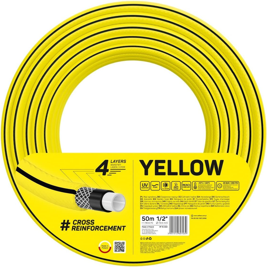 Gartenschlauch Cellfast GELB, leicht, langlebig, 4-lagig, langlebiges Kreuzgeflecht, UV- und algenbeständig, verdrehsicher, REACH-Technologie, 20 bar, -10/+50°C, Verschluss: 1/2", 50m