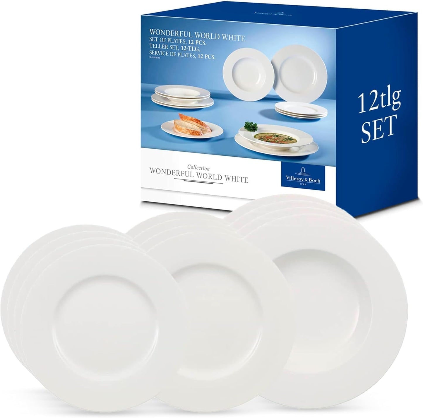 Villeroy & Boch Wonderful World 12-teiliges Geschirrset, spülmaschinen- und mikrowellengeeignet, weiß, Teller, Geschirr, Porzellan, Speiseteller, Set, modernes Geschirrset, Premium-Porzellan