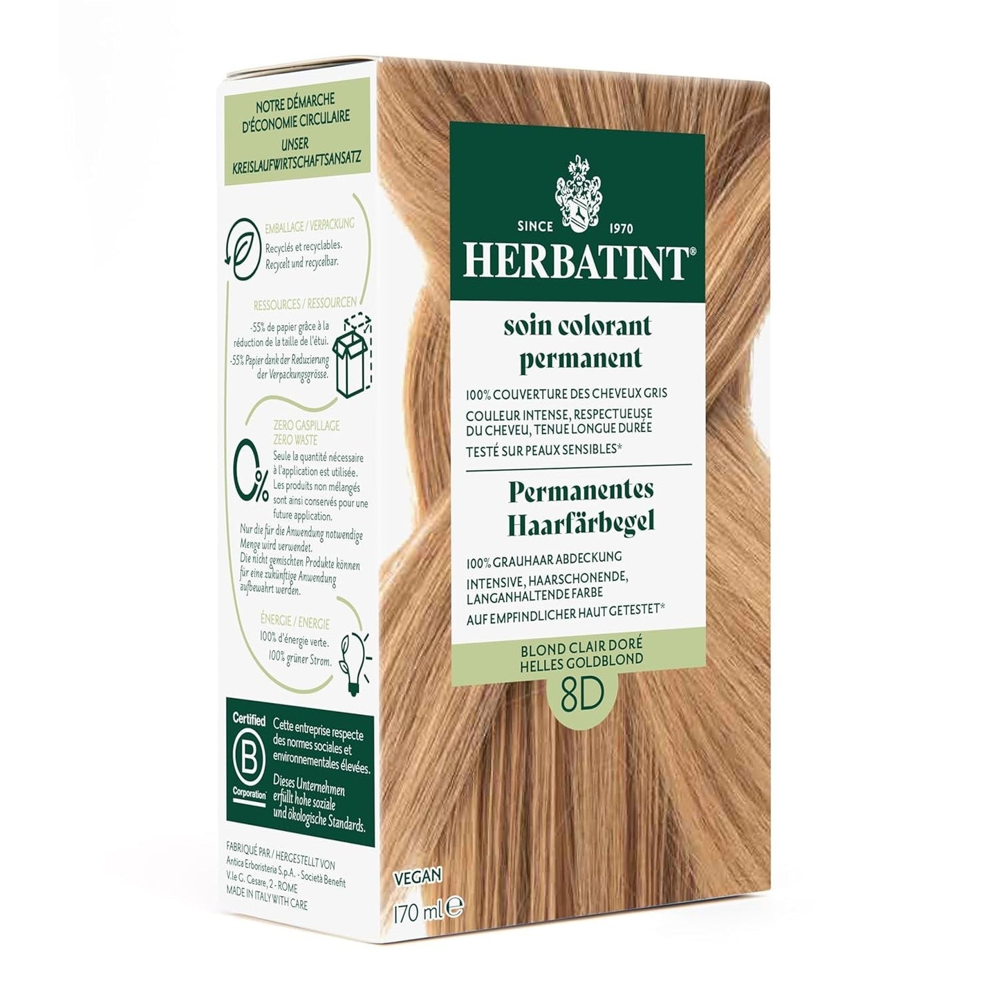 Permanentes Haarfärbegel 6N Dunkelblond – 170 ml I Ammoniakfrei, 100 % graue Haarabdeckung I Getestet auf empfindlicher Haut, mit 8 Pflanzenextrakten Naty Shop Haarfärbemittel 8D Hellgoldblond