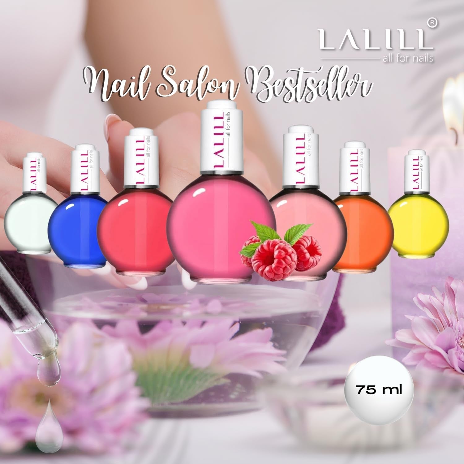 LALILL Nail Cuticle Oil 75Ml – Himbeere Nagelpflegeöl – Nagelöl Pflege Für Nägel Nagelhaut – SPA Maniküre Naildesign Hände – Vegan – Mit Pipette