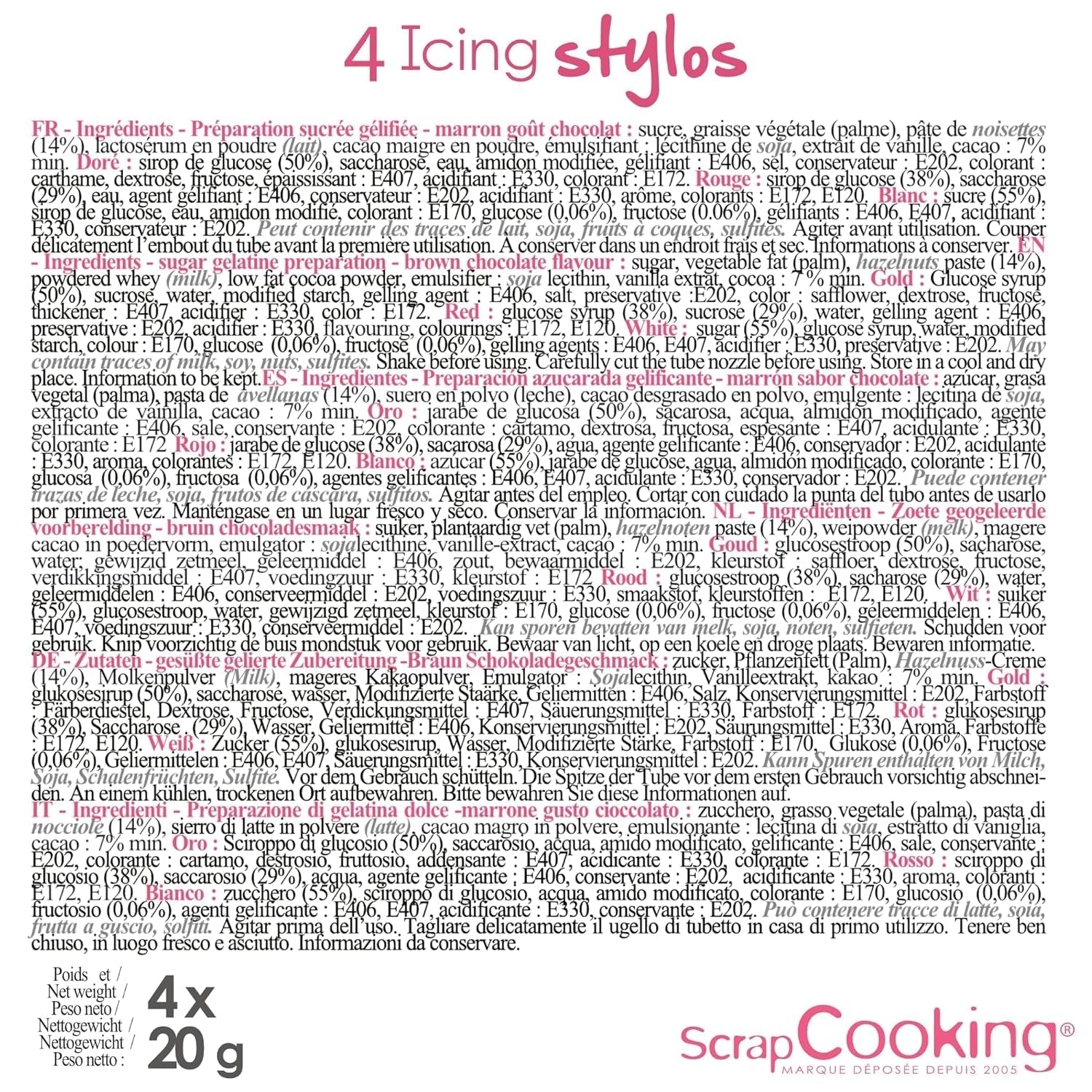 Scrapcooking – 4-teilige Marker: Gold, Schokolade, Weiß und Rot – dekorative essbare Stifte zum Schreiben und Zeichnen auf Desserts, Kuchen und Keksen
