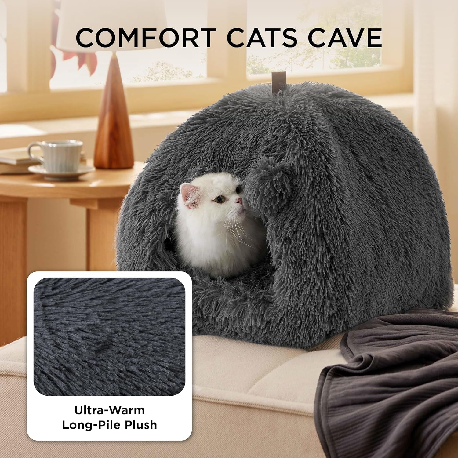 BEDSURE Katzenbett große Katzen Katzenhöhle- 44x44x44 cm Plüsch Katzenhaus Indoor mit abnehmbarem Katzenkissen und hängendem Spielzeug, Katzen Bettchen waschbar, dunkelgrau