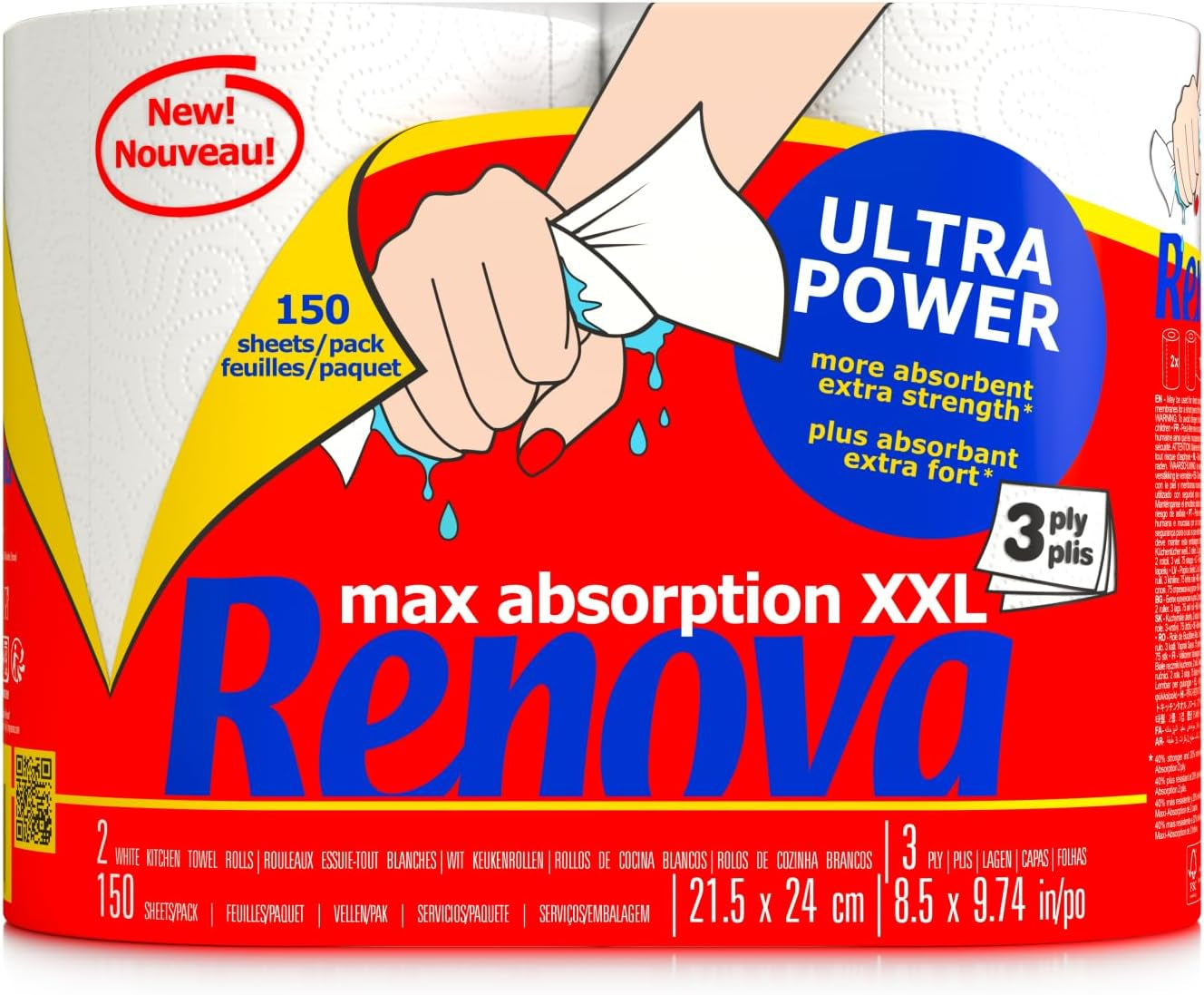 Küchenrollen Renova Renova Ultrapower | 24 XXL-Rollen = 60 Standardrollen | 3 extrem saugfähige und äußerst widerstandsfähige Schichten | Fsc-zertifiziertes Papier