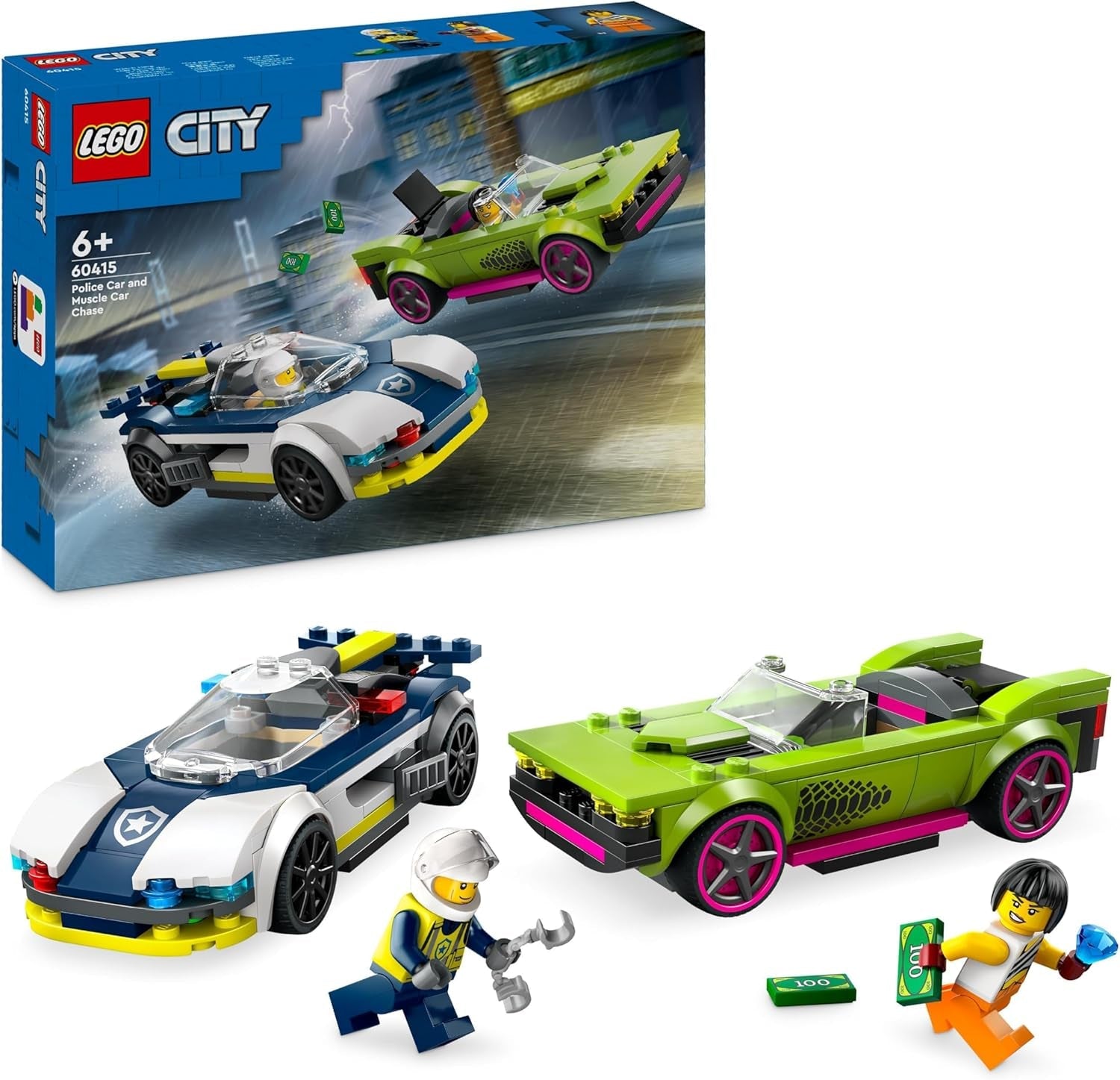 LEGO City Verfolgungsjagd mit Polizeiauto und Muscle-Car, Spielzeugeisenbahn mit 2 Rennwagen, Polizeigeschenk für Kinder, Jungen und Mädchen ab 6 Jahren, Polizisten- und Minifiguren-Set Ganovin 60415 Bausets Besuchen Sie den LEGO-Store Single