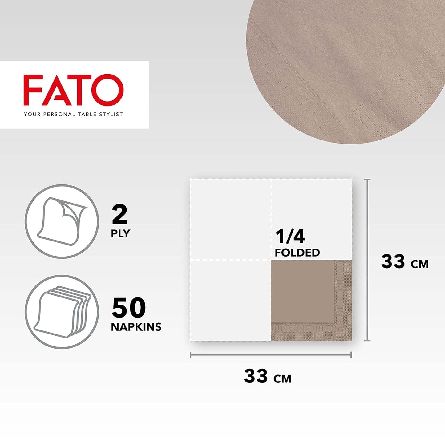 Fato, Einweg-Papierservietten, ideal für zwanglose Mittagessen und Buffets, Packung mit 50 Servietten, Größe 33 x 33, in 4 gefaltet, 2 Schichten, Turteltaube, 100 % reines Zellulosepapier, FSC-zertifiziert