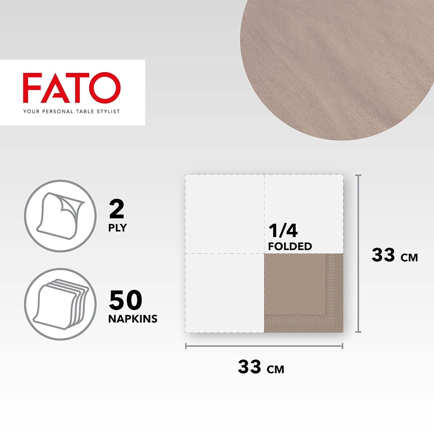 Fato, Einweg-Papierservietten, ideal für zwanglose Mittagessen und Buffets, Packung mit 50 Servietten, Größe 33 x 33, in 4 gefaltet, 2 Schichten, Turteltaube, 100 % reines Zellulosepapier, FSC-zertifiziert