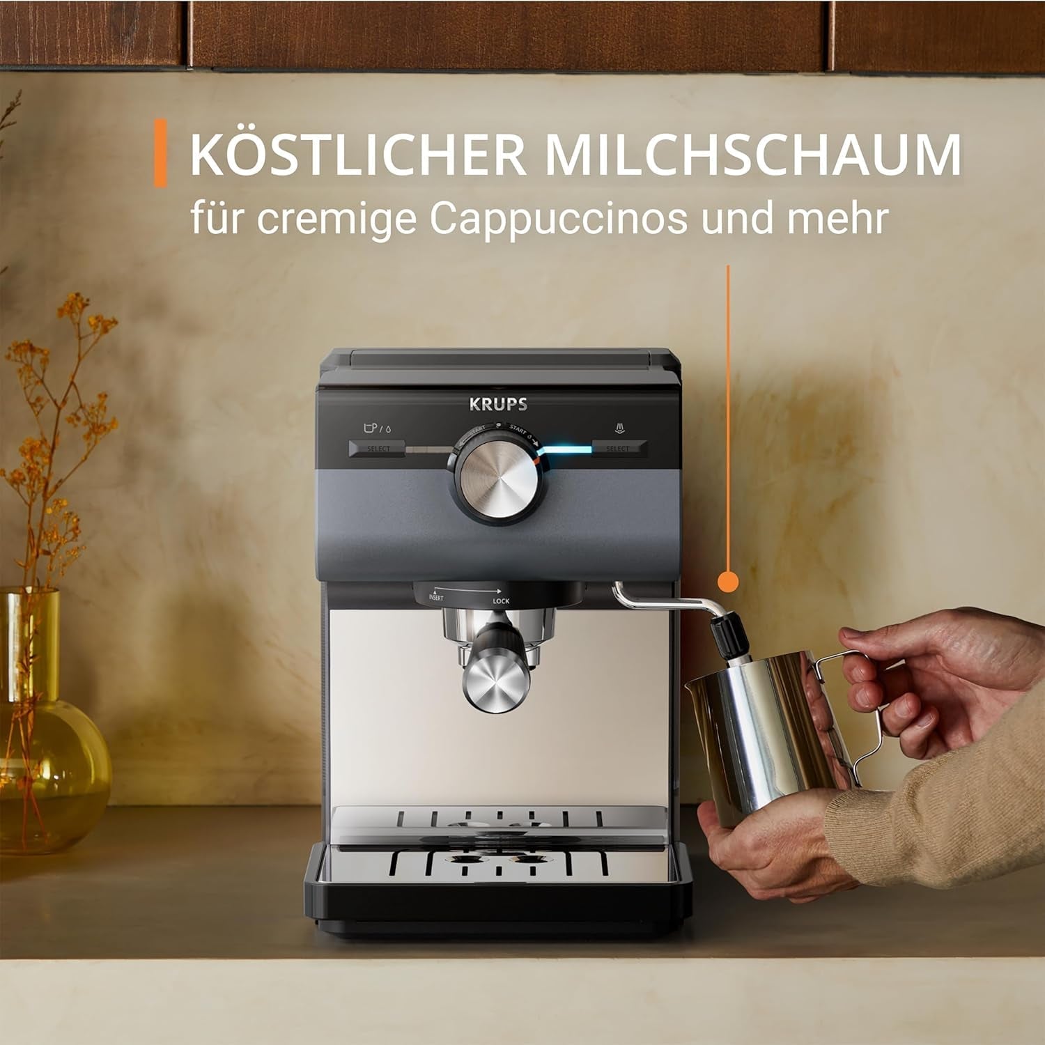 KRUPS Authentic+ Espressomaschine, 15 bar, intuitive Bedienung, anspruchsvolles Design, Dampfdüse, inklusive erweitertem Zubehör, Bullet Dark Silver/Edelstahl, XP384G10