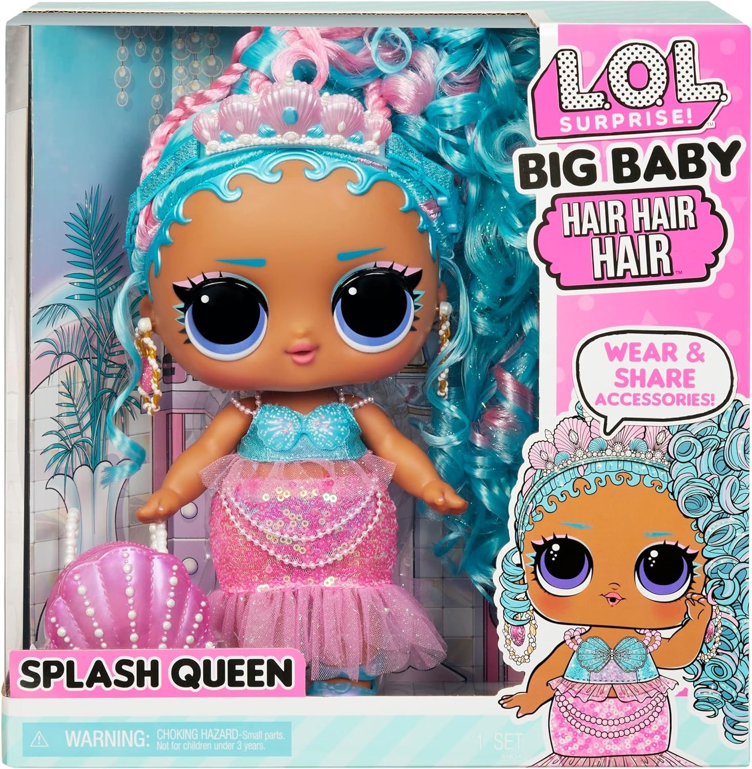 LOL. Überraschung! Big Baby Hair Hair Hair – SPLASH QUEEN – 27,94 cm große Puppe mit 14 Überraschungen, Accessoires zum Teilen und echten Haaren – Für Kinder und Sammler ab 4 Jahren