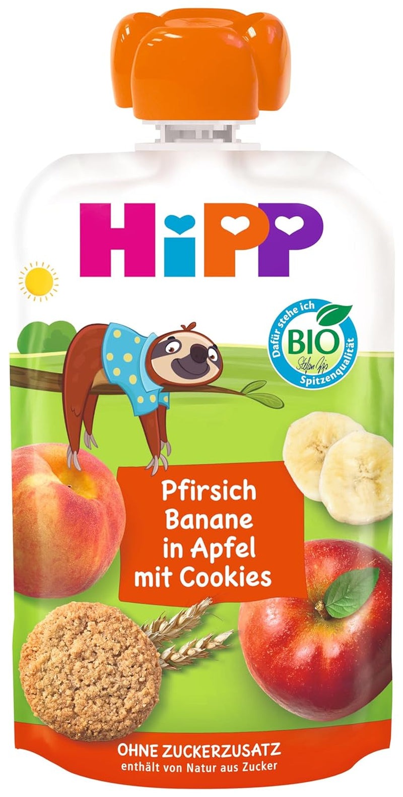 HiPP Quetschbeutel mit Bio-Pfirsichen und Bananen in Tüten mit Äpfeln und Keksen – Felix der Faule (8 x 100g), ab 1 Jahr, Früchte mit Getreide, ohne Zuckerzusatz, beste Bio-Qualität
