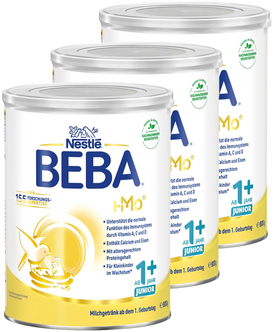 BEBA Junior 1+ Milchgetränk ab 1 Jahr, Mit HMO, Altersgerechter Proteingehalt, Nur Laktose, Ohne Palmöl, Ohne Fischöl, Kleinkindnahrung, Babymilchpulver, 3er Pack (3 x 800g)
