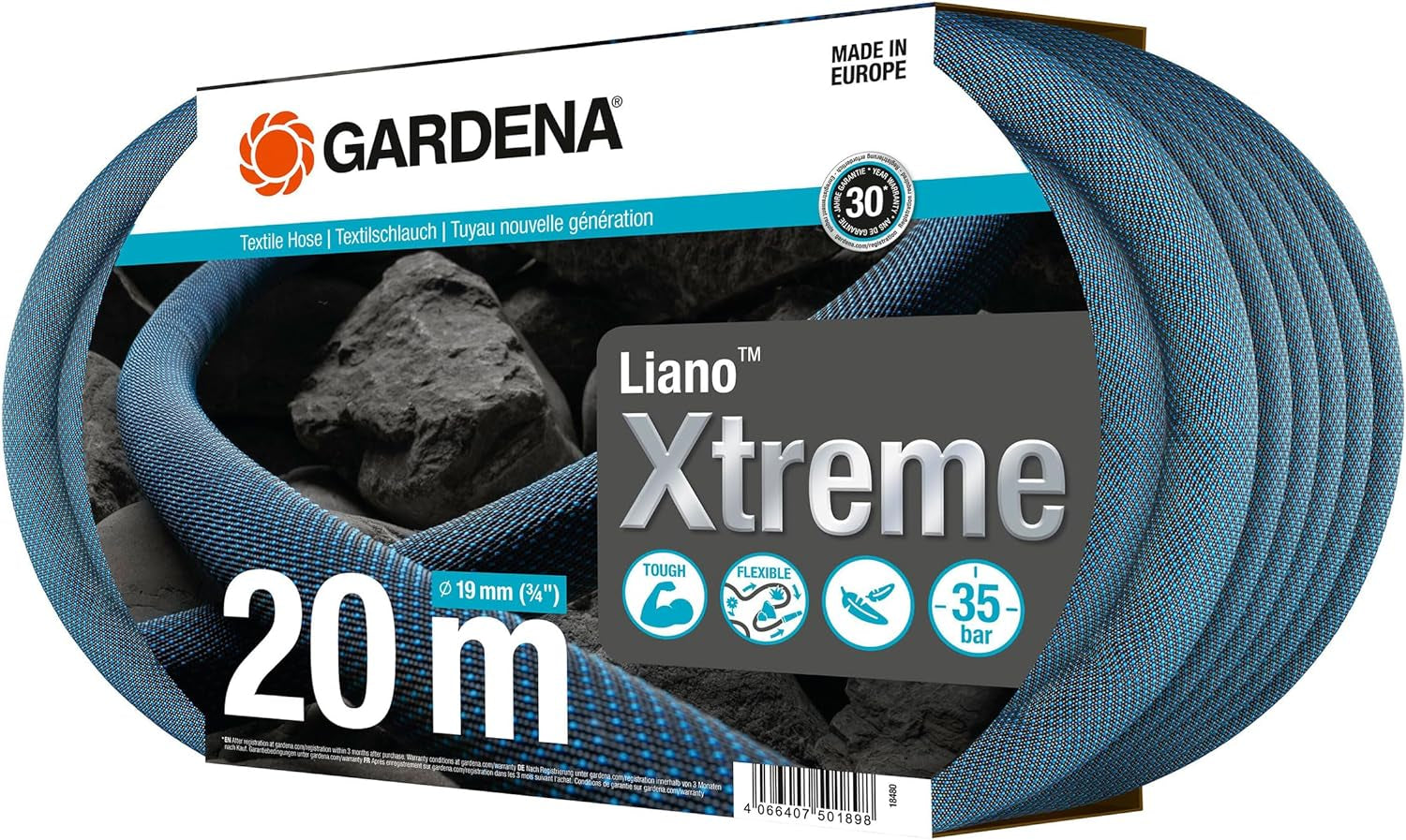 Gardena Liano Xtreme 3/4 Zoll Set, 20m: Extrem robuster Textil-Gartenschlauch mit leichtem, wetterfestem PVC-Innenschlauch (18480-20)