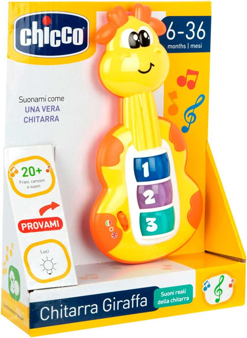 Chicco Giraffengitarre, Babyrassel, lustiges Klavier, Babyspielzeug, 3 Tasten, 12 Lieder, elektronisches Musikspielzeug, ideal für 6 Monate alte Babys, gelbes Babyspielzeug, Naty Shop
