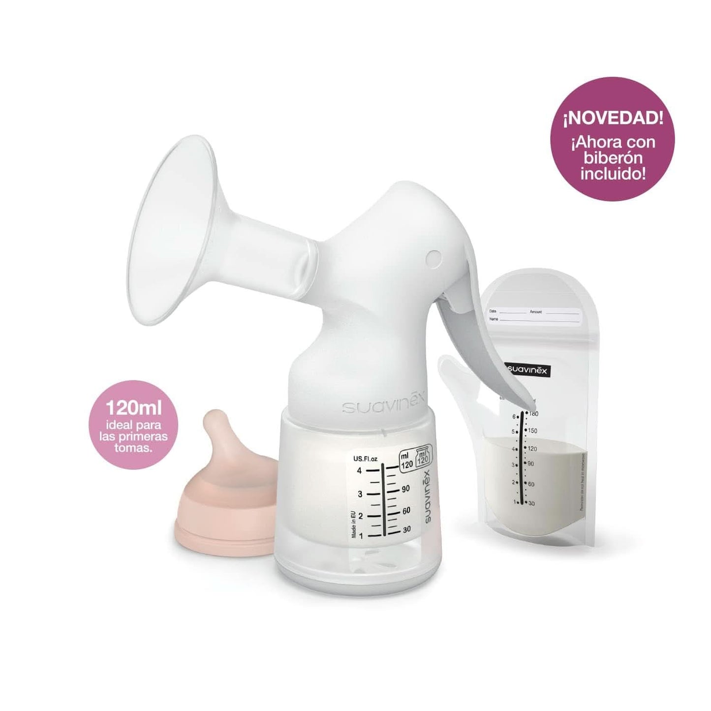 Suavinex, Muttermilchpumpe, 120 ml, mit einstellbarem Durchfluss Lebensmittel- und Stillzubehör Bebe Naty Shop