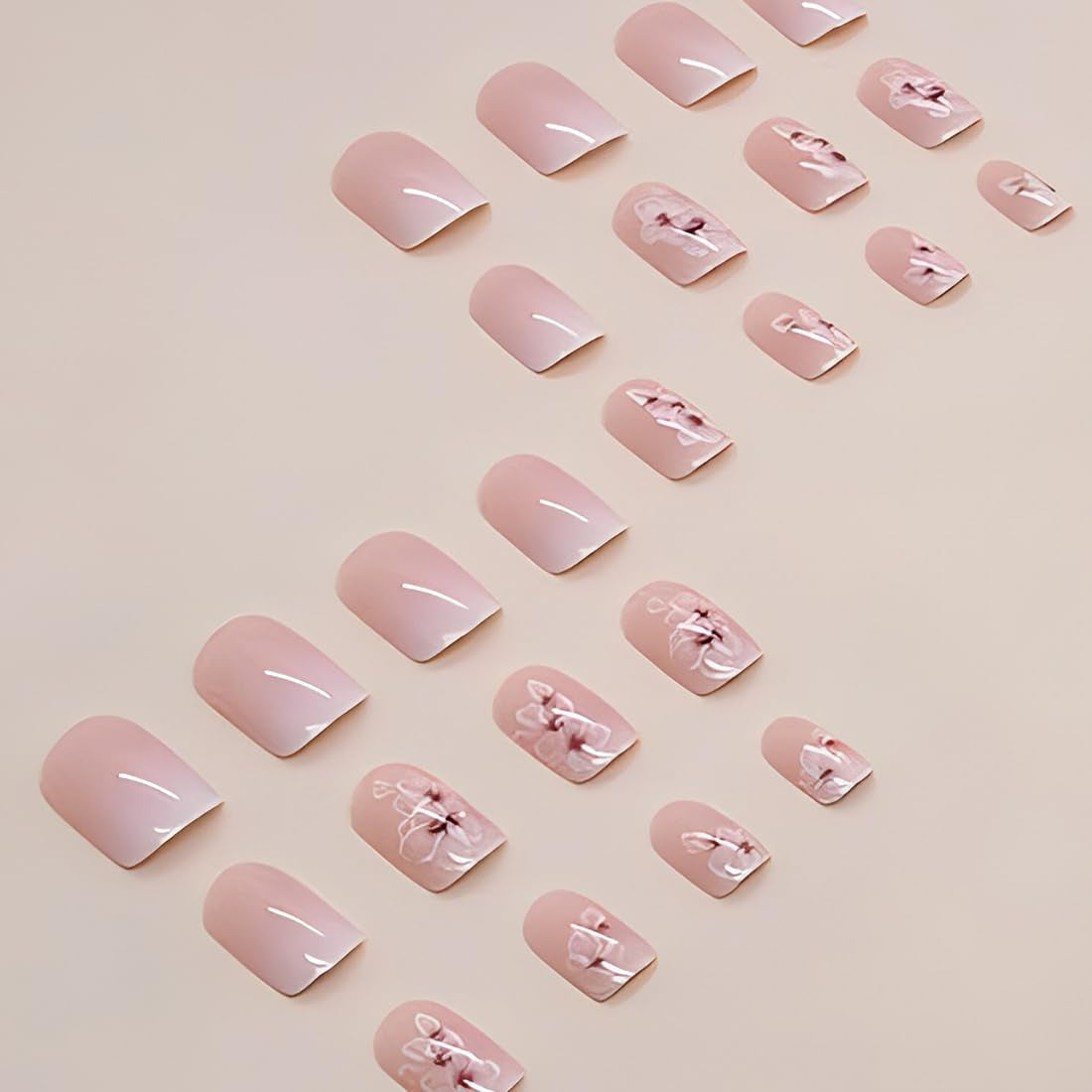 24 Stück weiße quadratische Nägel zum Aufkleben, rosa Farbverlauf, Blumenmuster, zum Aufdrücken der Nägel, künstliche Nägel, falsche Nagelkunst, französische quadratische Nägel, künstliche Nägel für Frauen
