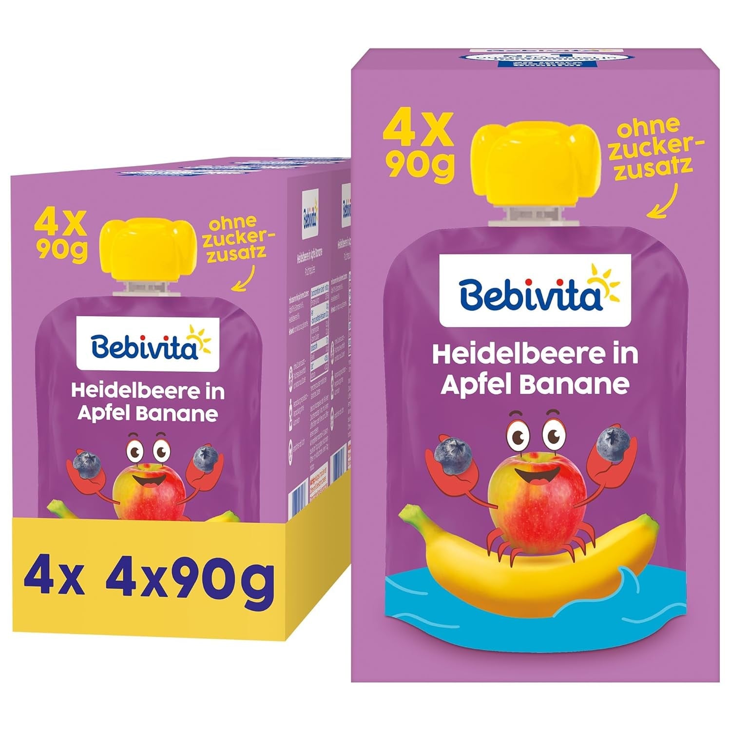 Blaubeer-, Apfel- und Bananen-Quetschbeutel – 16 (4 Packungen à 4 x 90 g), ohne Zuckerzusatz, glutenfrei, ideal zum Mitnehmen und als Snack für unterwegs