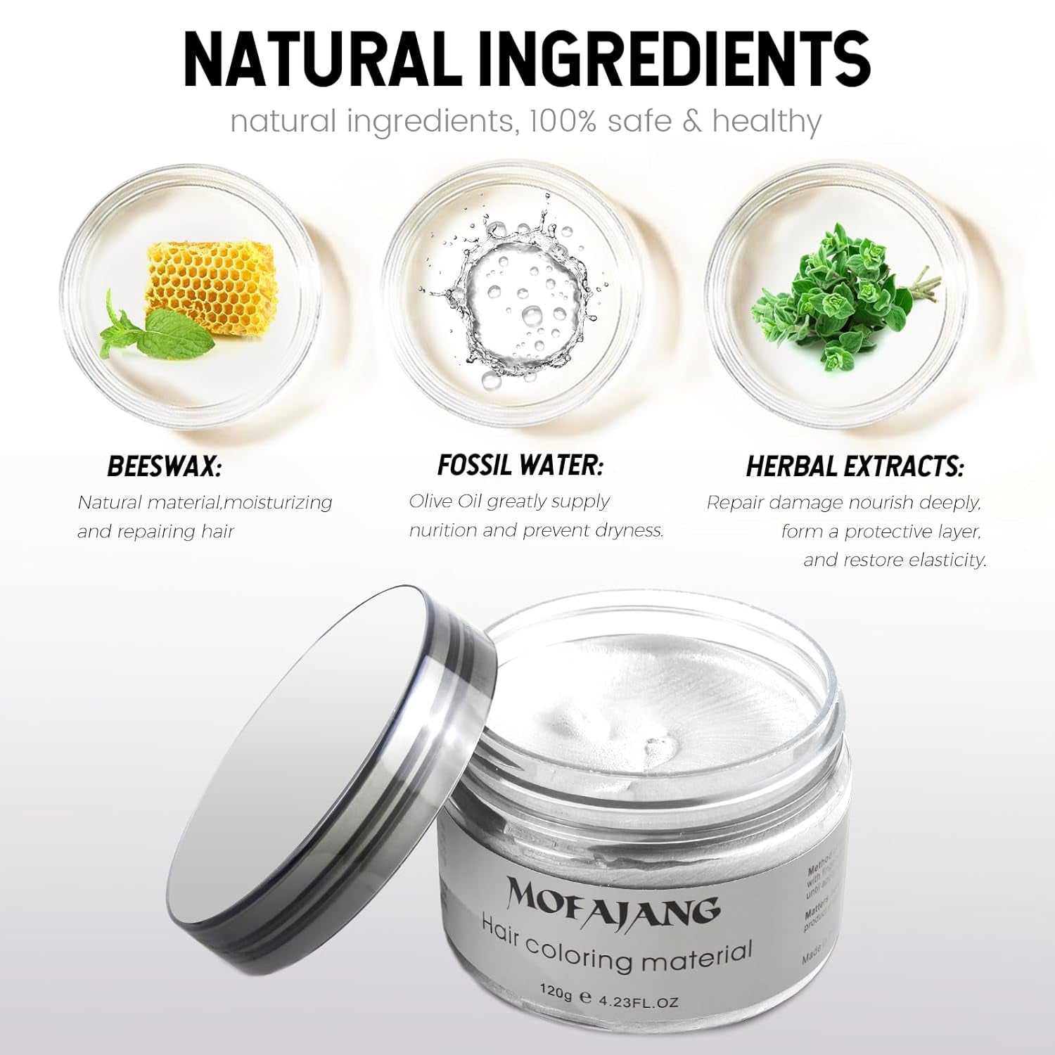 Temporäre Haarfarbe, Styling-Haarton für Männer und Frauen, natürliche Haarpomade, Haarfärbewachs für Party, Cosplay und Halloween, 4,23 oz (Silbergrau) Naty Shop Haarfärbemittel