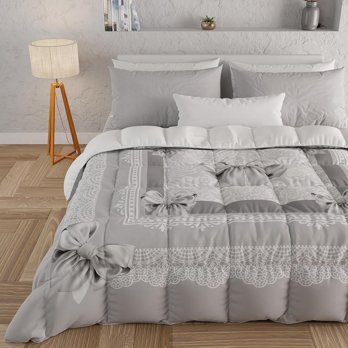 PETTI Artigiani Italiani – Winterdecke, Winterdecke, einfache Steppdecke, doppelseitig, einfarbig und digital bedruckt, 100 % antiallergische Mikrofaser, hergestellt in Italien. Steppdecken und Steppdecken Naty Shop, graues Band, 160 x 190 cm
