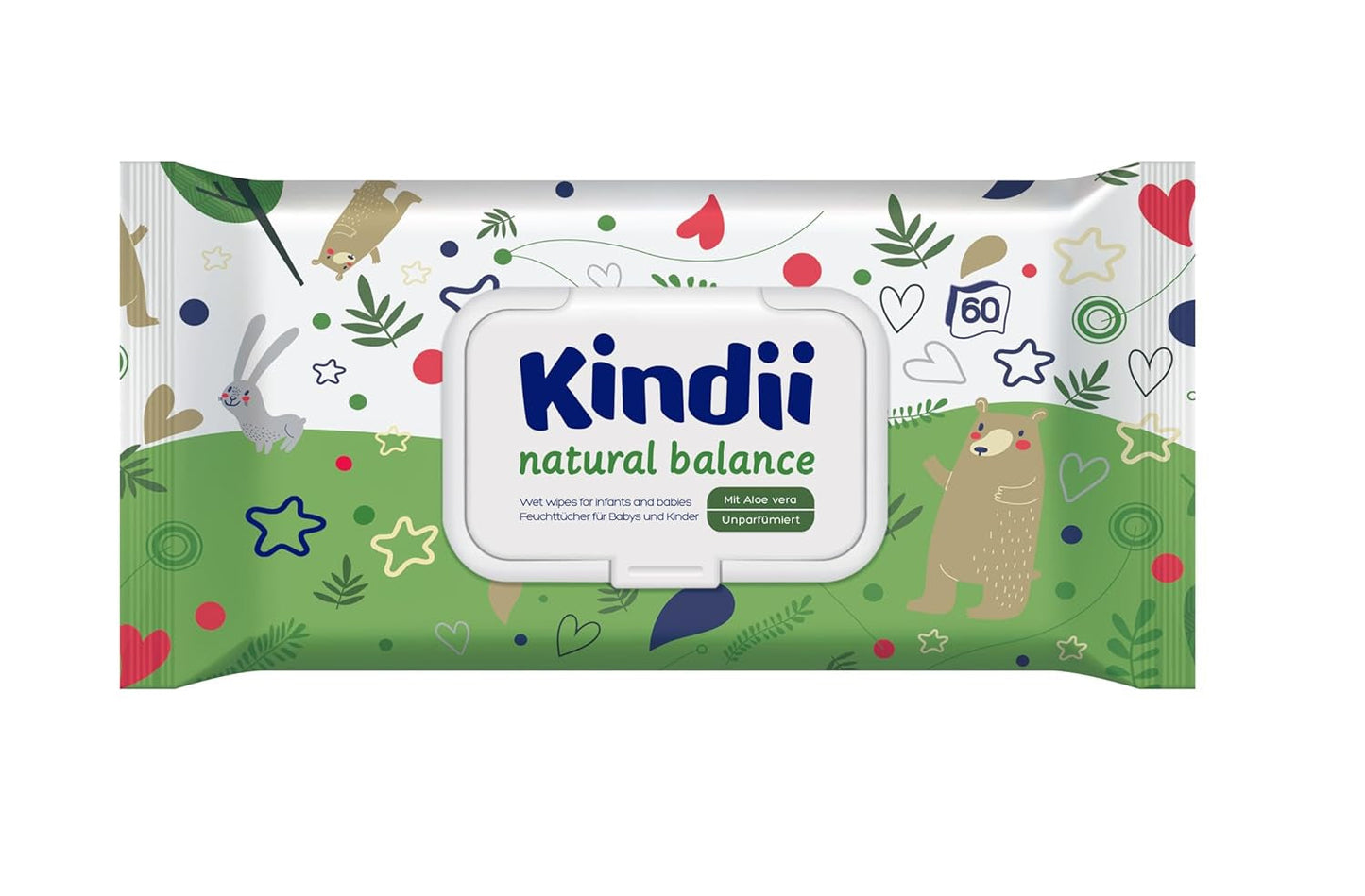 Kindii Natural Balance Feuchttücher für Babys – (1 x 60 Stk.) Feuchttücher für Babys und Kinder – Schützend, Aloe Vera, zarter Duft – 60 Stk.
