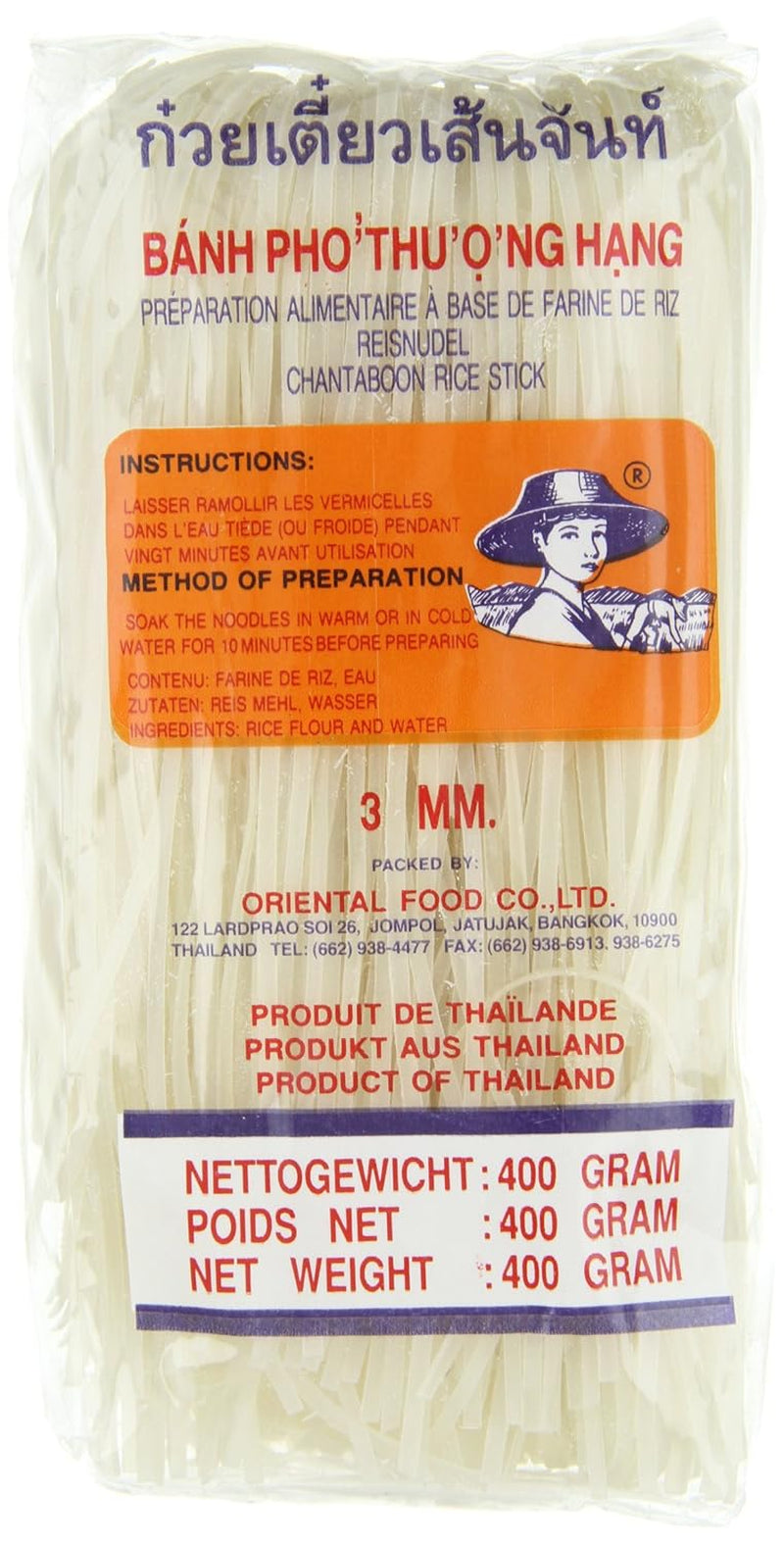 Reisnudeln – Thailändische, 3 mm breite Reisbandnudeln, hergestellt aus Reismehl – ​​17 x 400 g